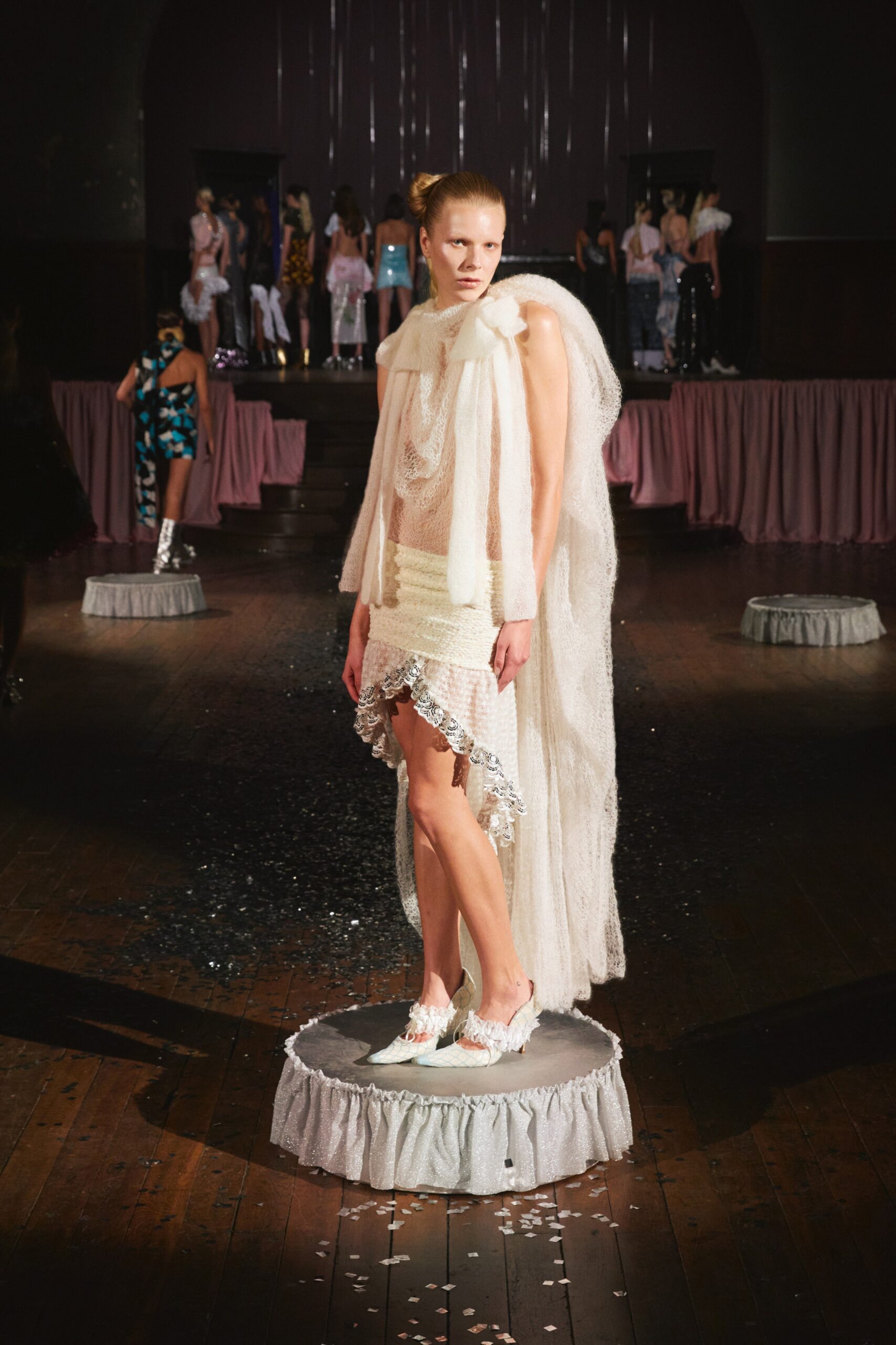 white silk fitted mini dress with cape