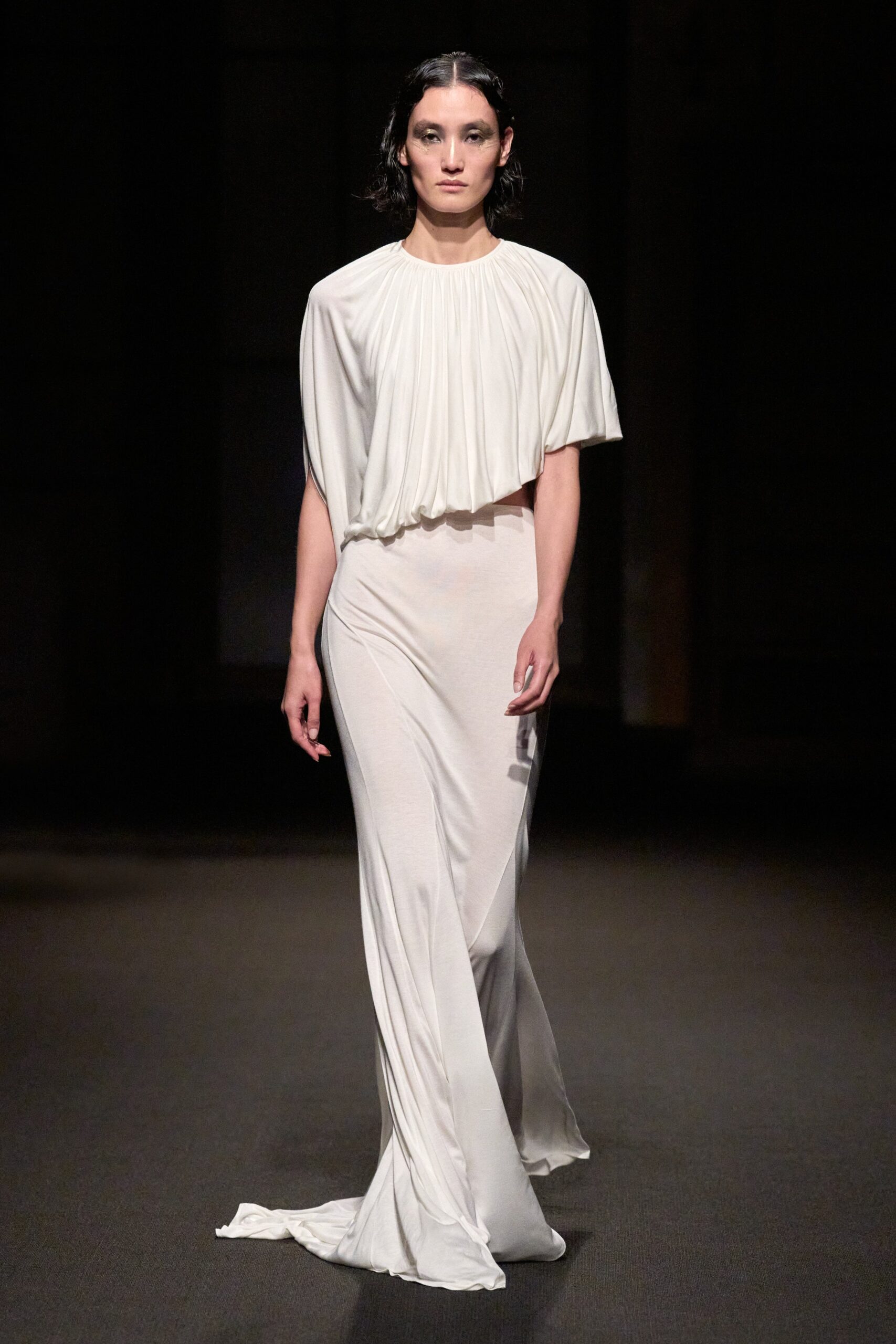 white silk fitted gown
