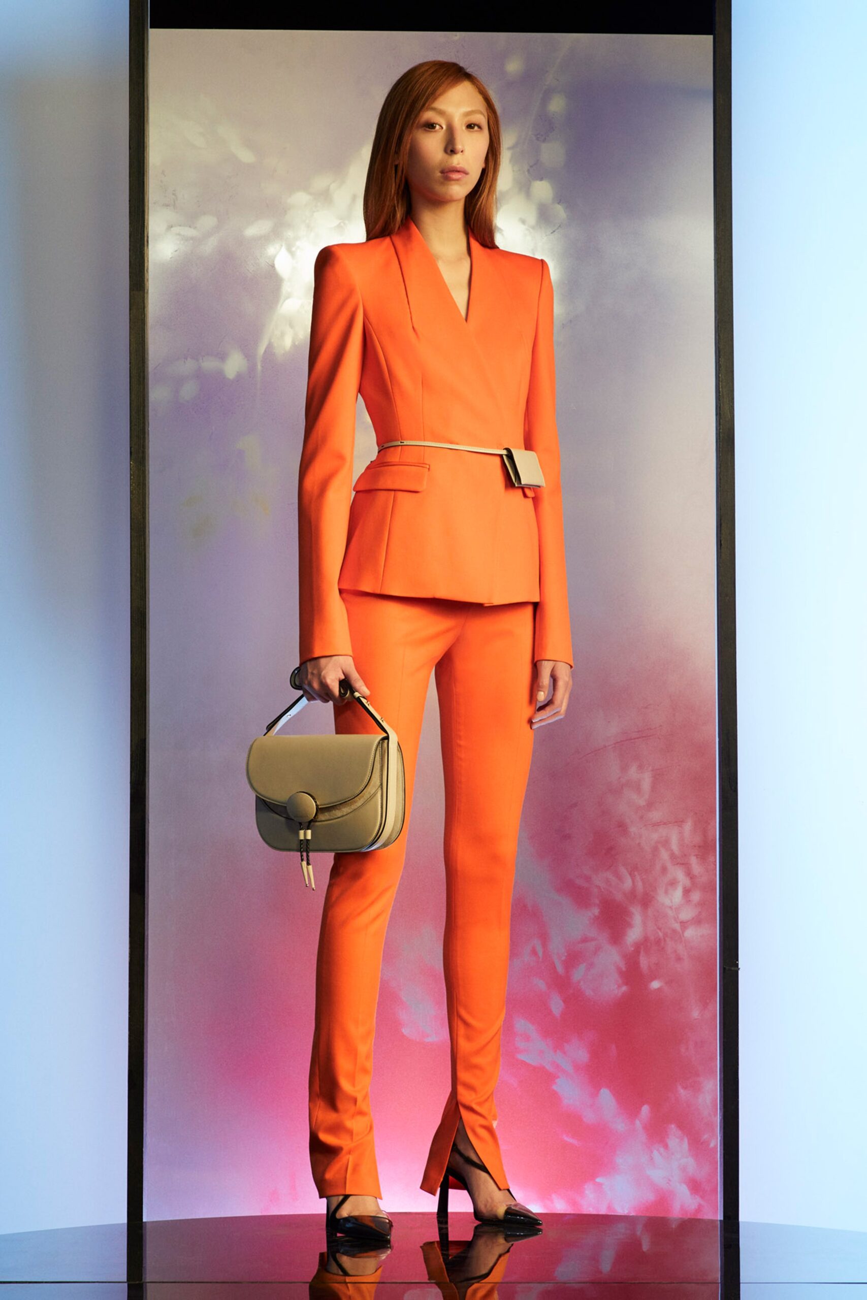 orange tailored suit with heels
