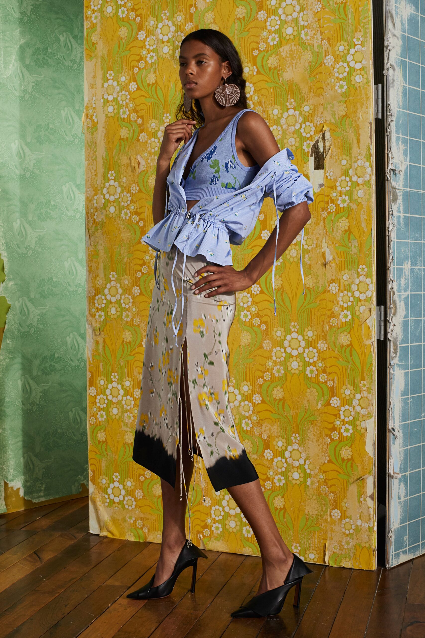 blue fitted top with ruffled skirt