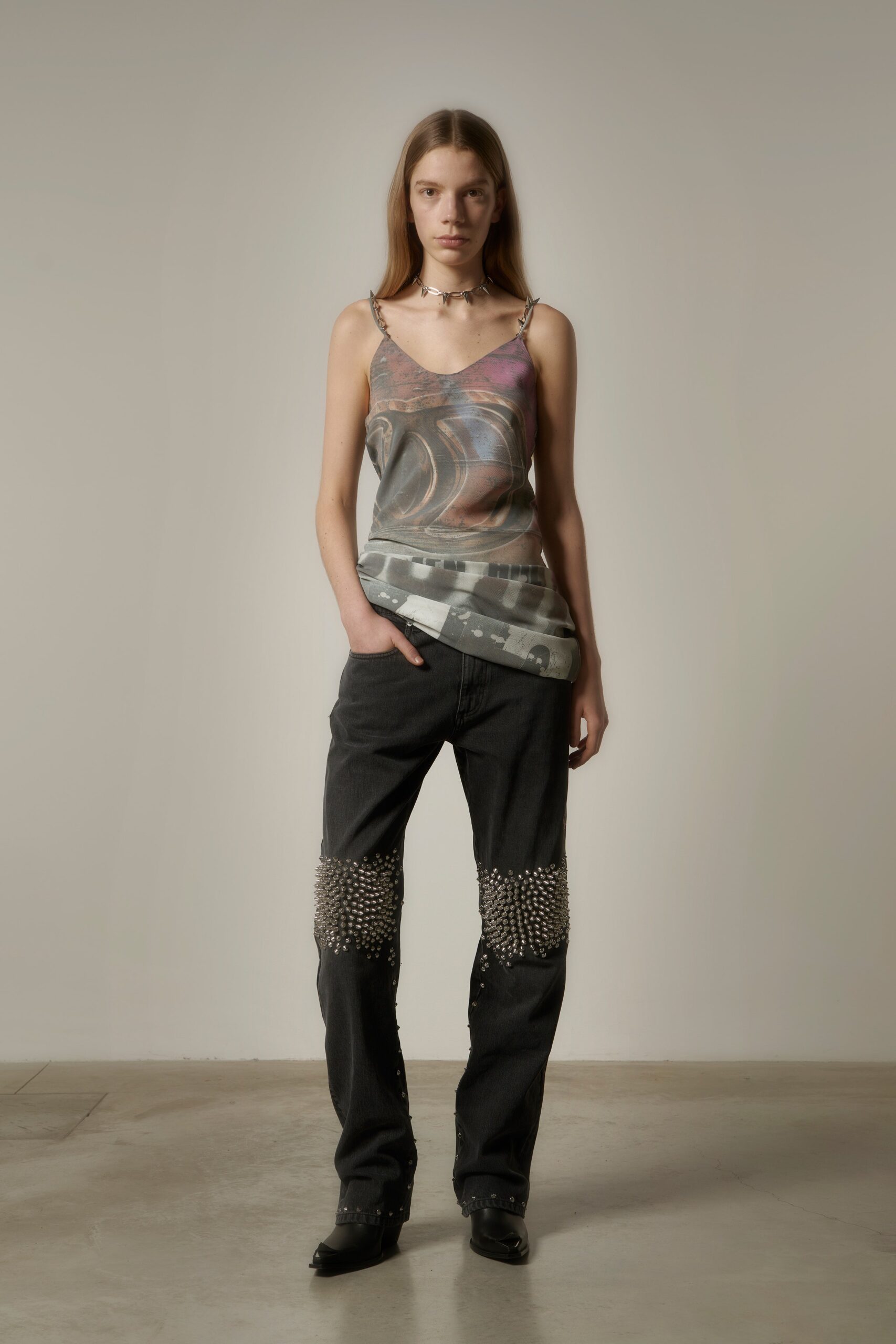 multi-colored silk tank-top and black denim pants
