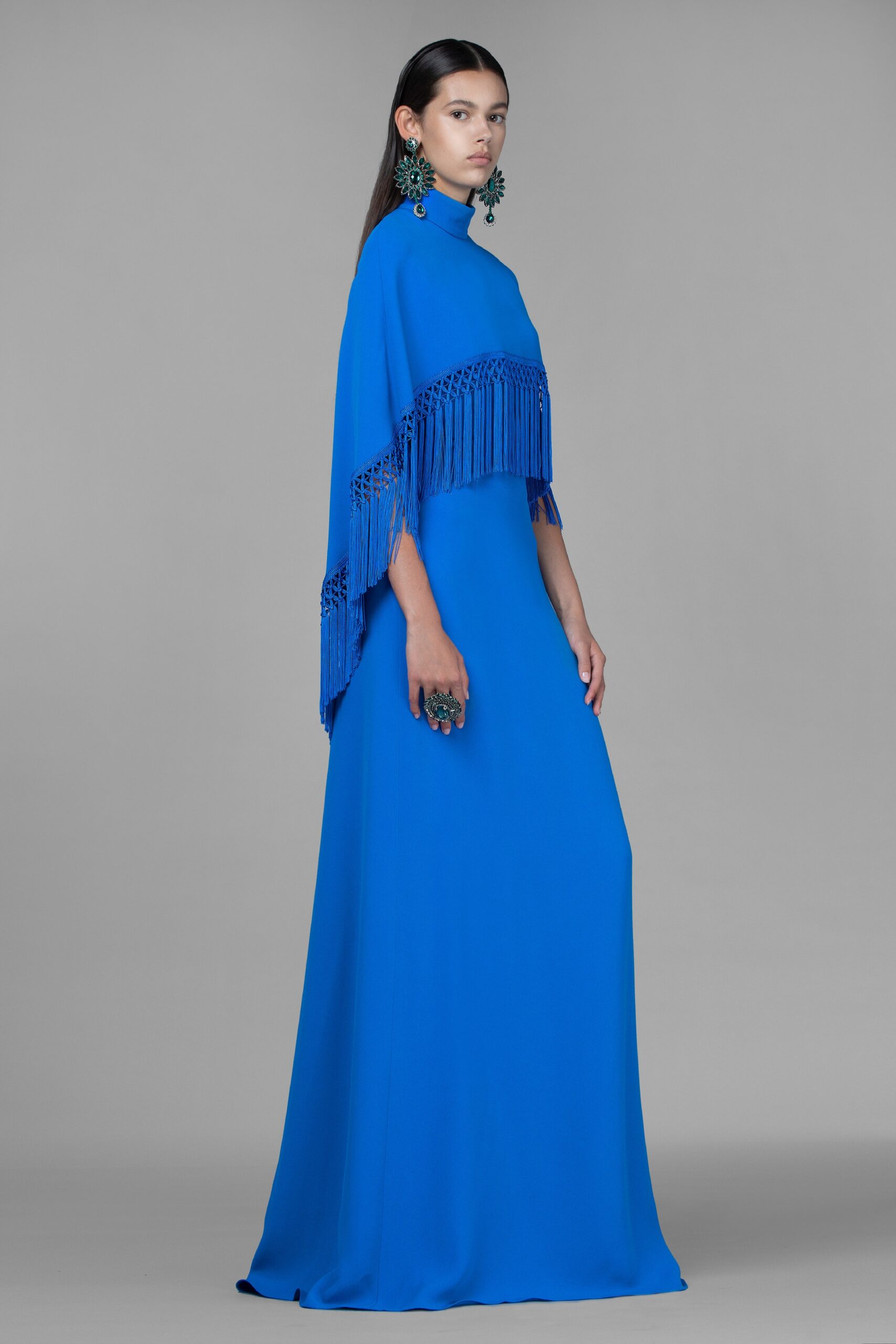 blue silk fringed gown