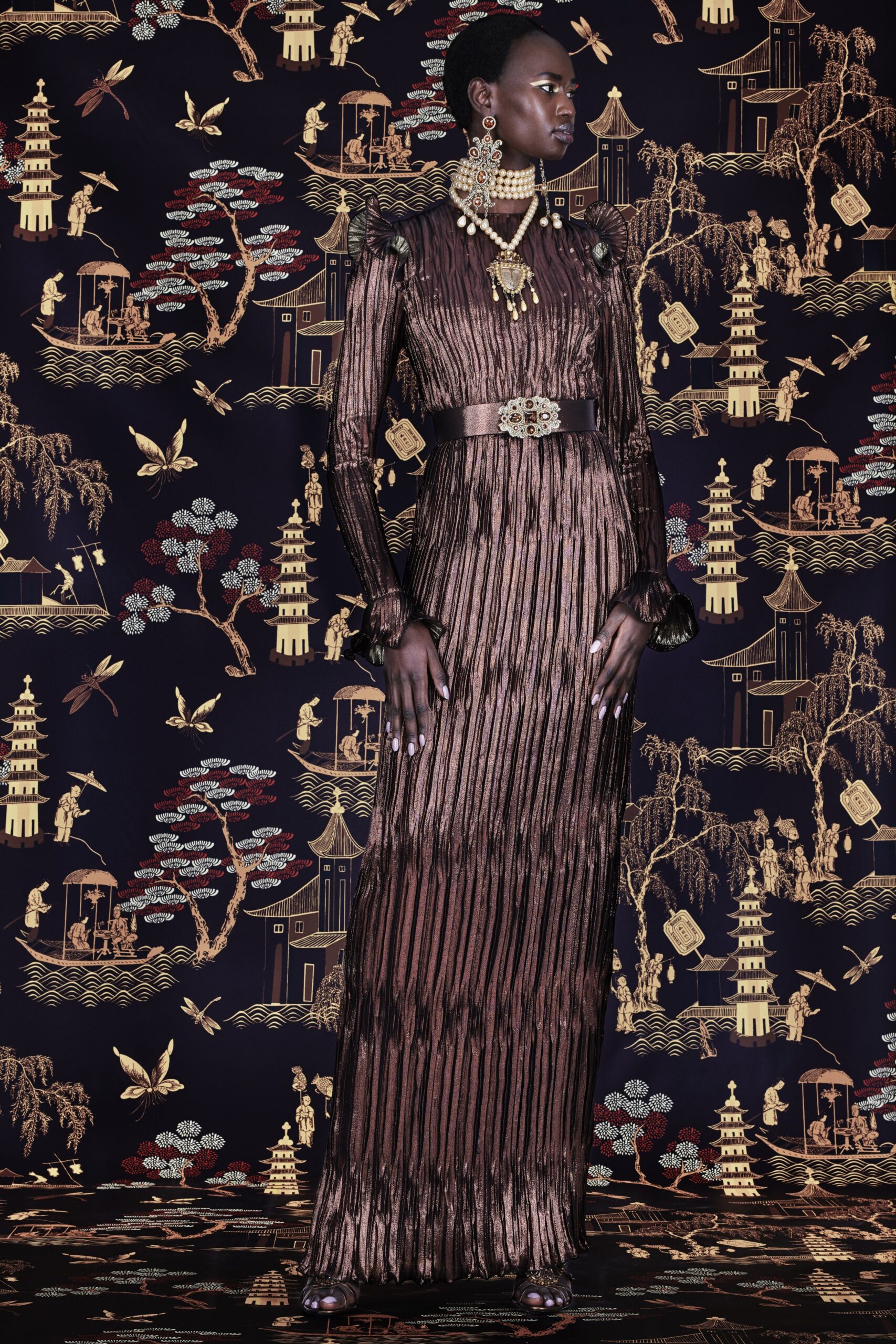 brown silk pleated gown