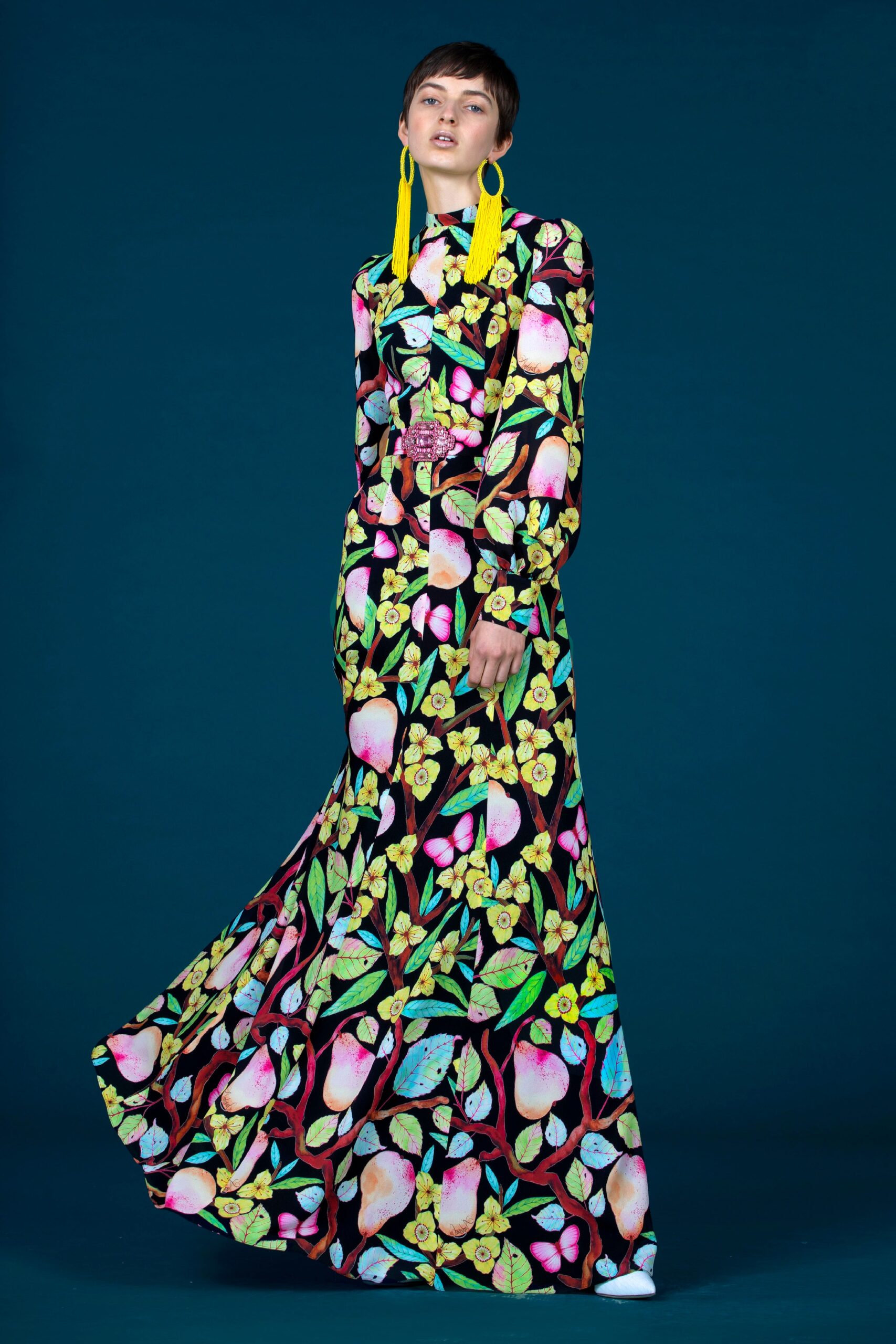 multi-colored silk long-sleeve gown
