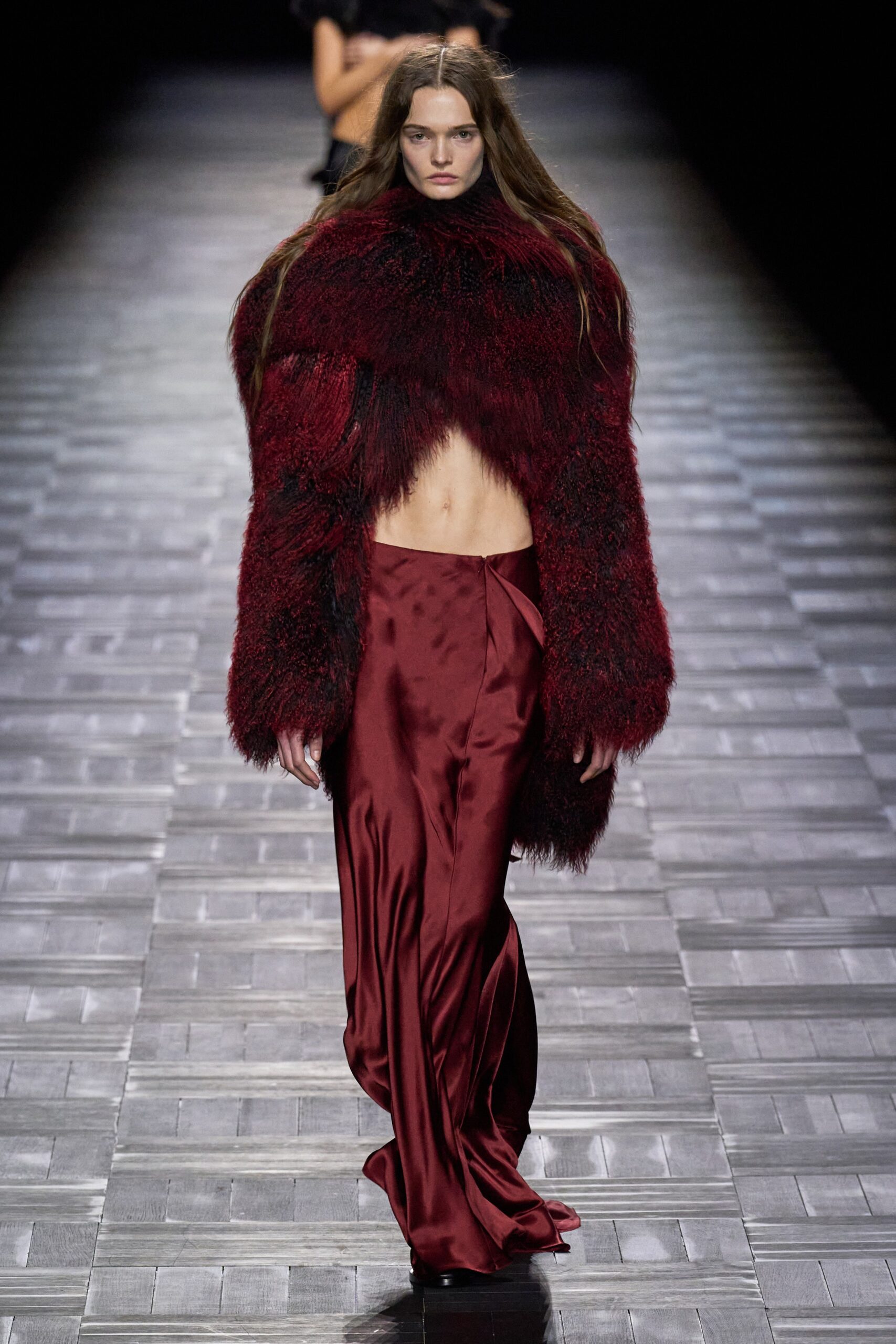 red fur coat and silk skirt