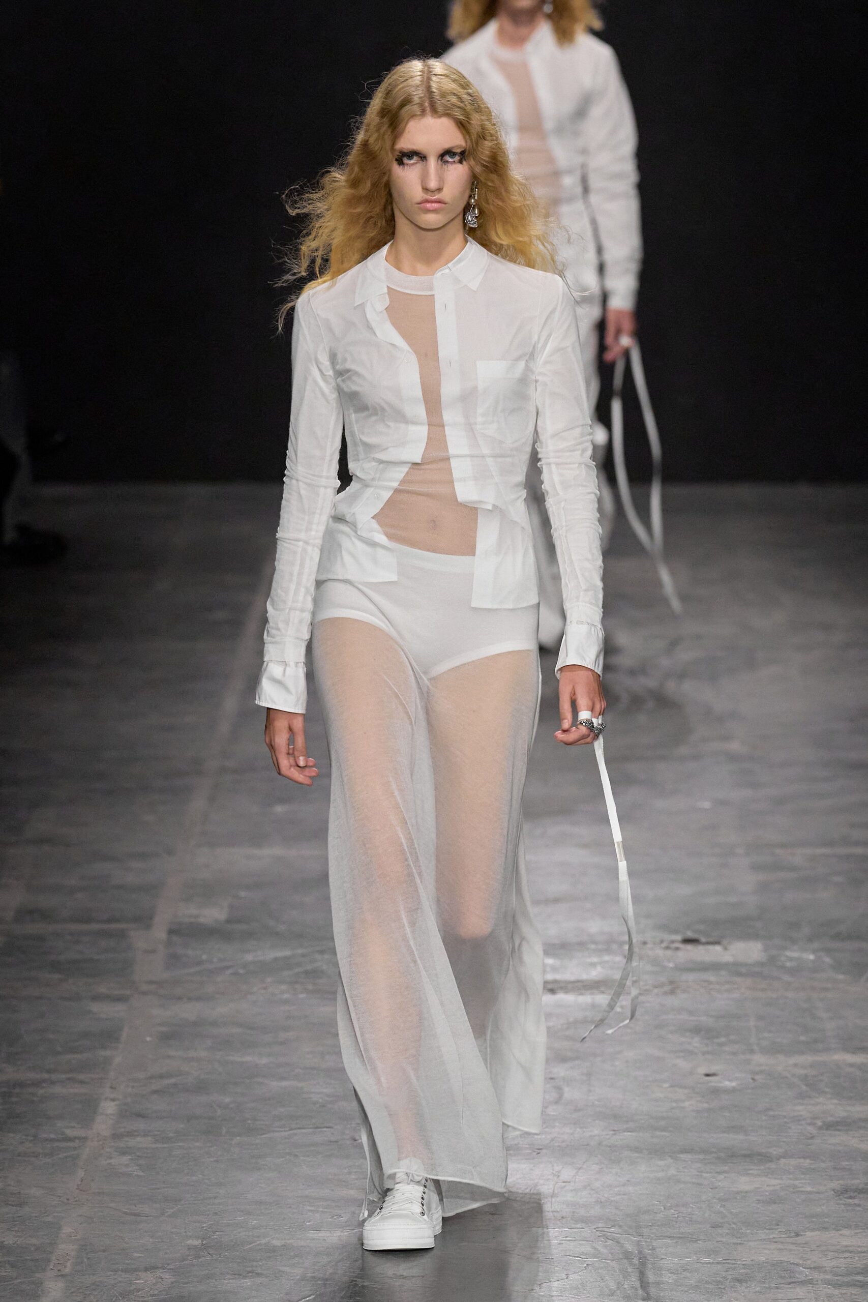 white sheer maxi dress and fitted shirt