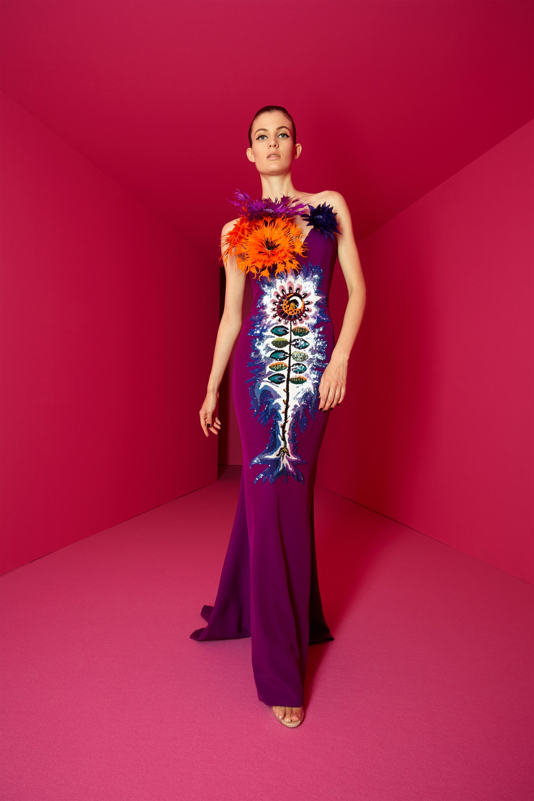 purple embroidered strapless gown