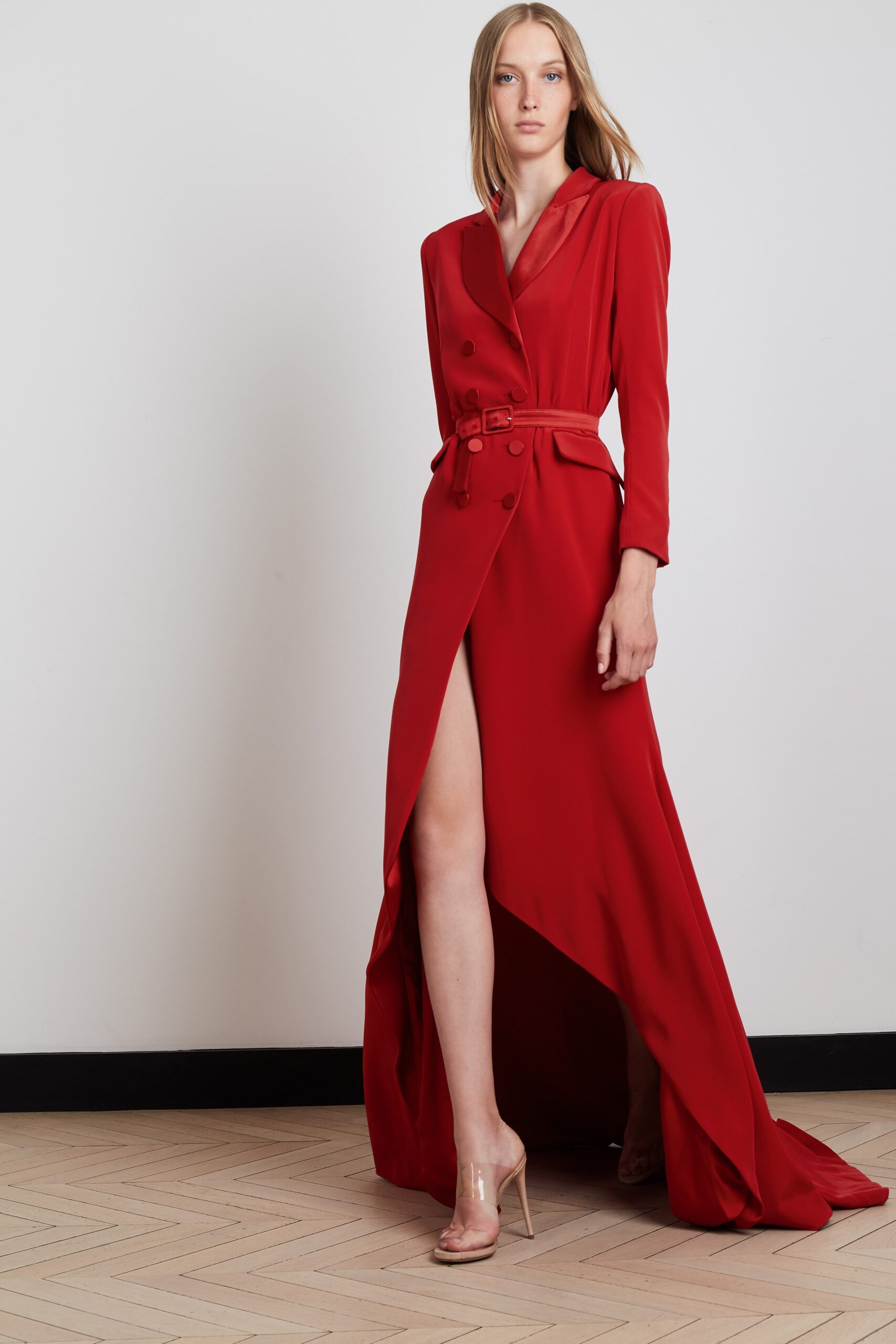 red silk fitted gown