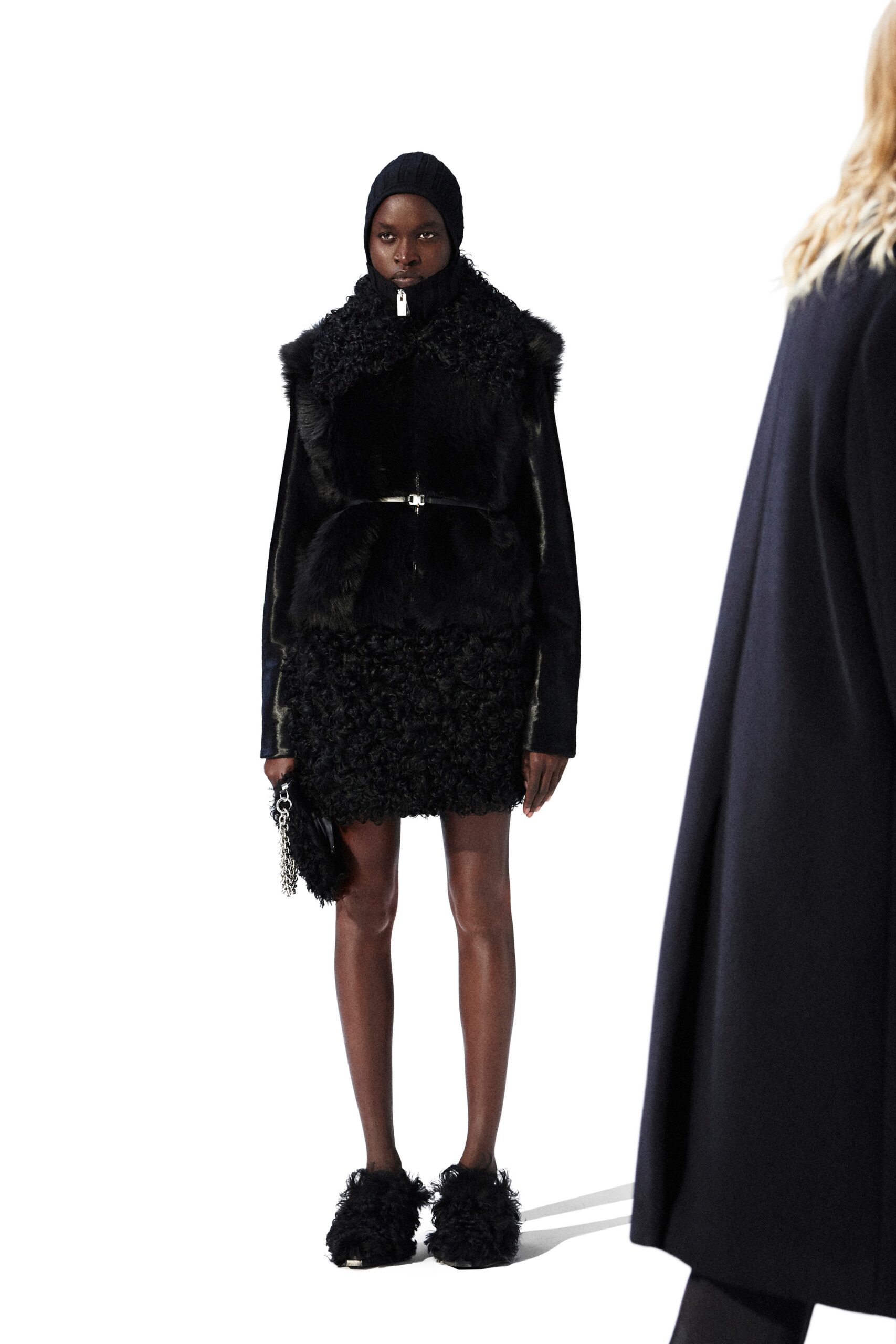 black faux-fur fitted tiered mini skirt