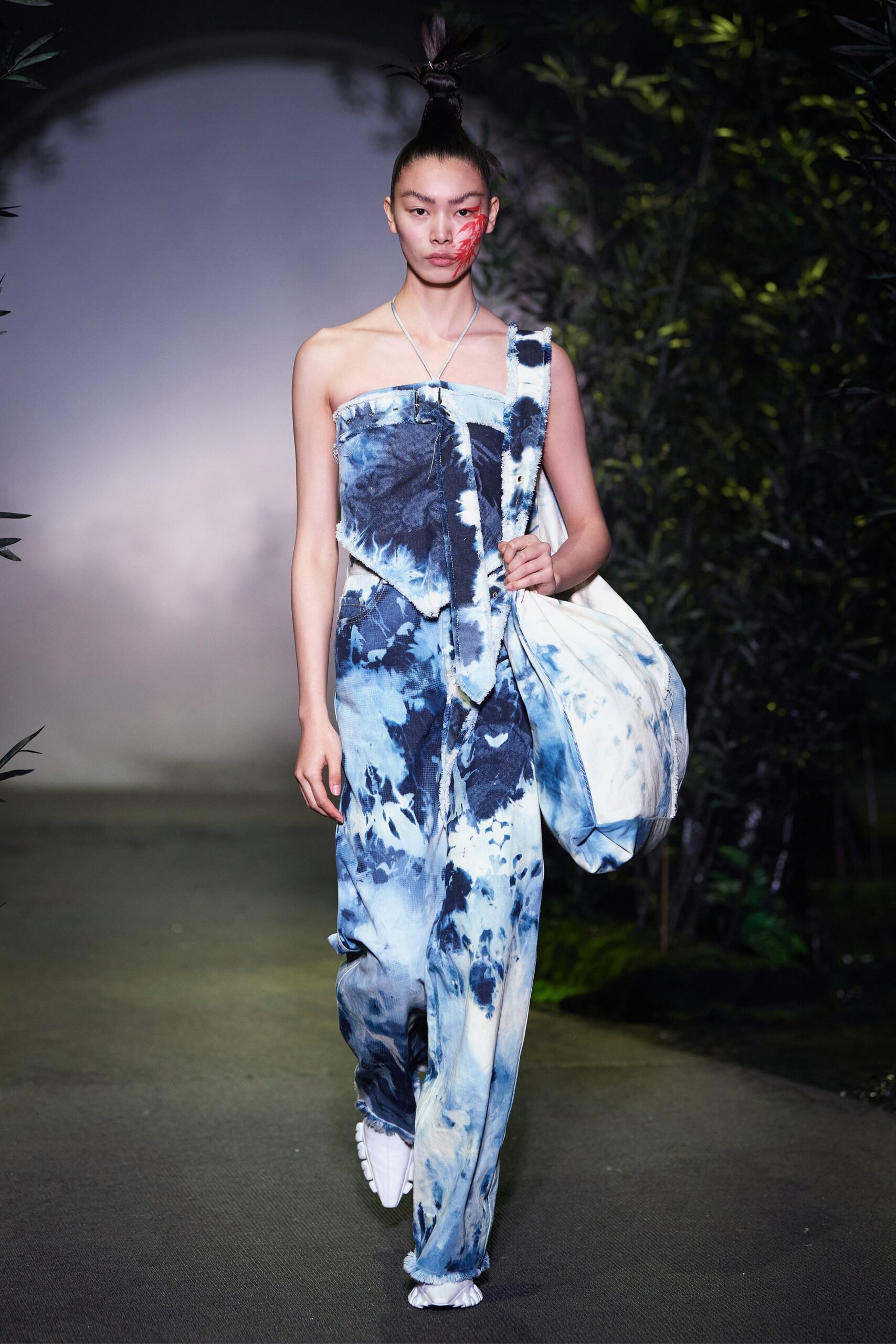 blue and white draped jumpsuit