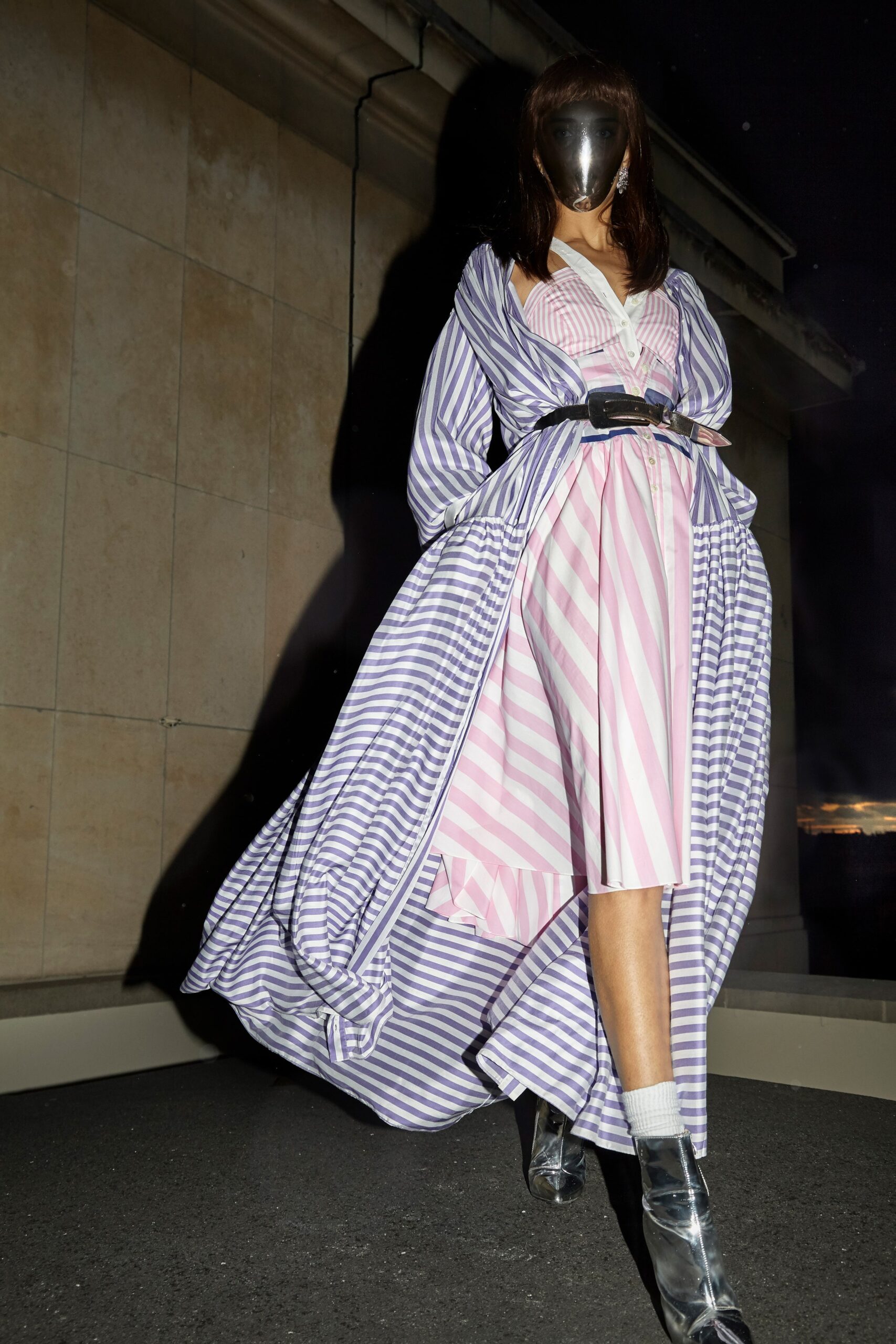 striped pink and purple dress with coat