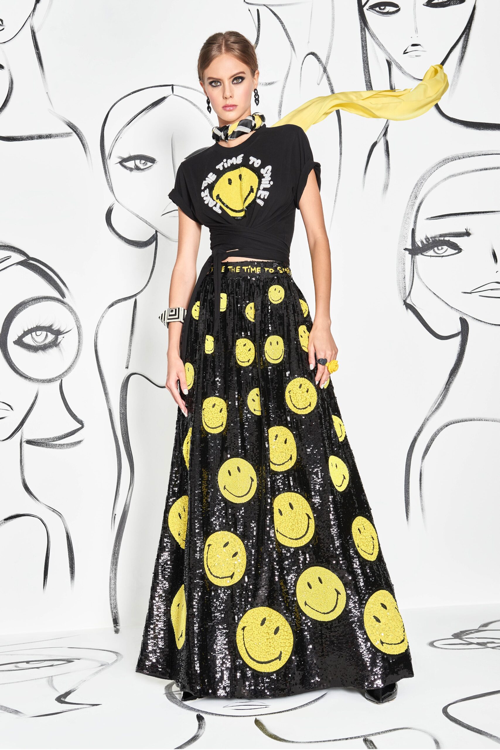 black sequin fitted tiered printed shiny maxi skirt