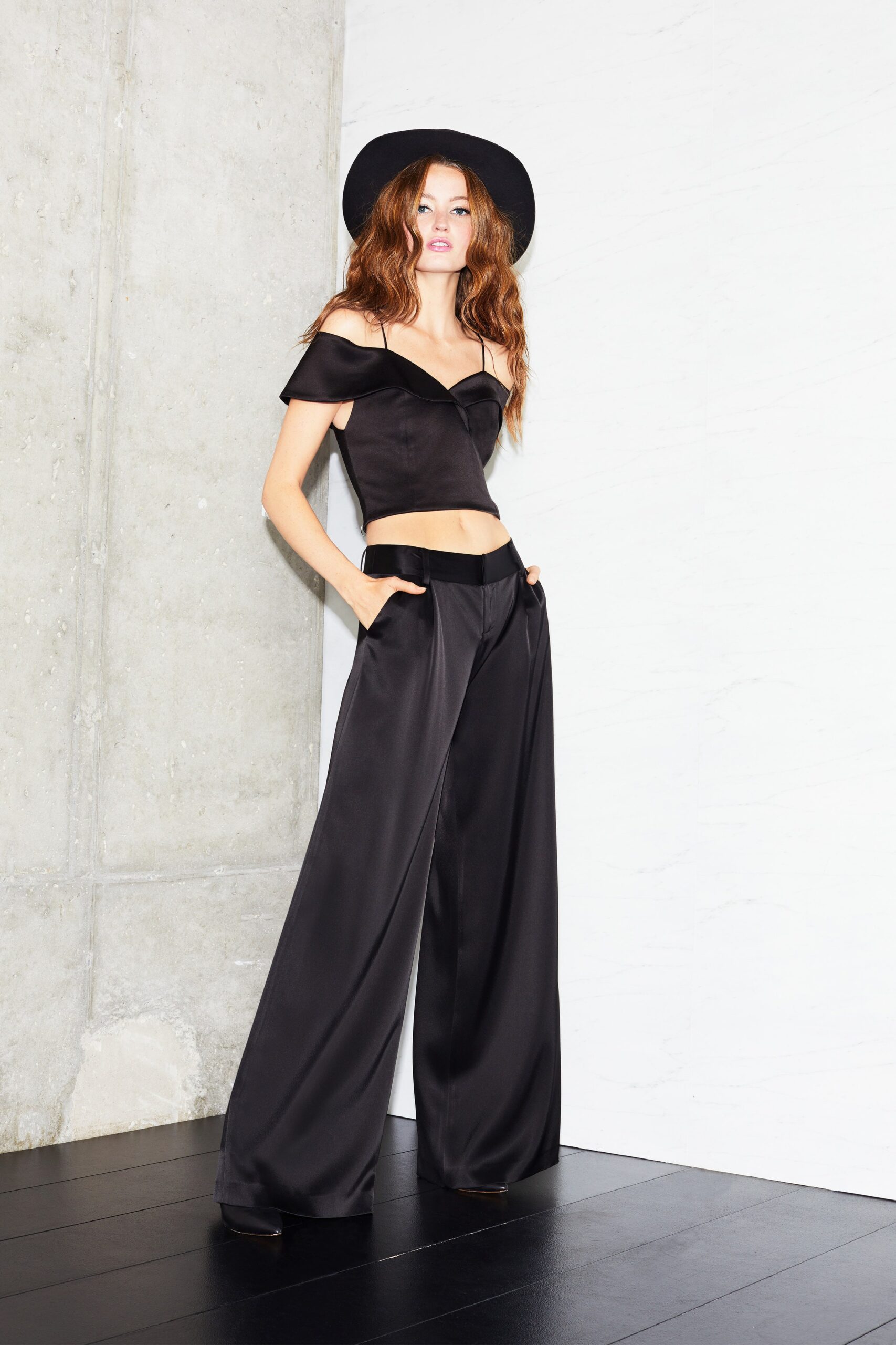 black silk off-shoulder strapless fitted cropped top