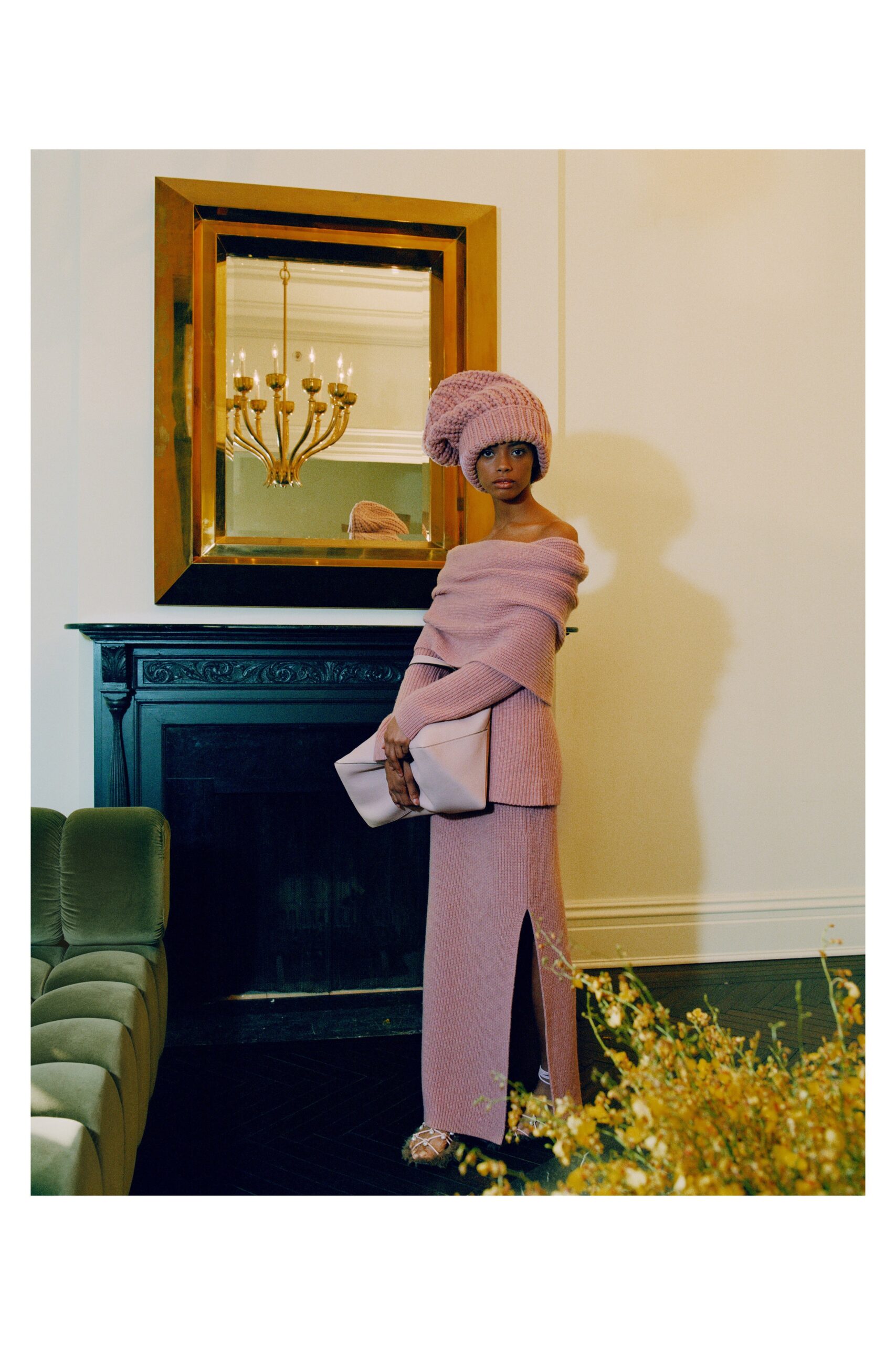 pink knit off-shoulder dress