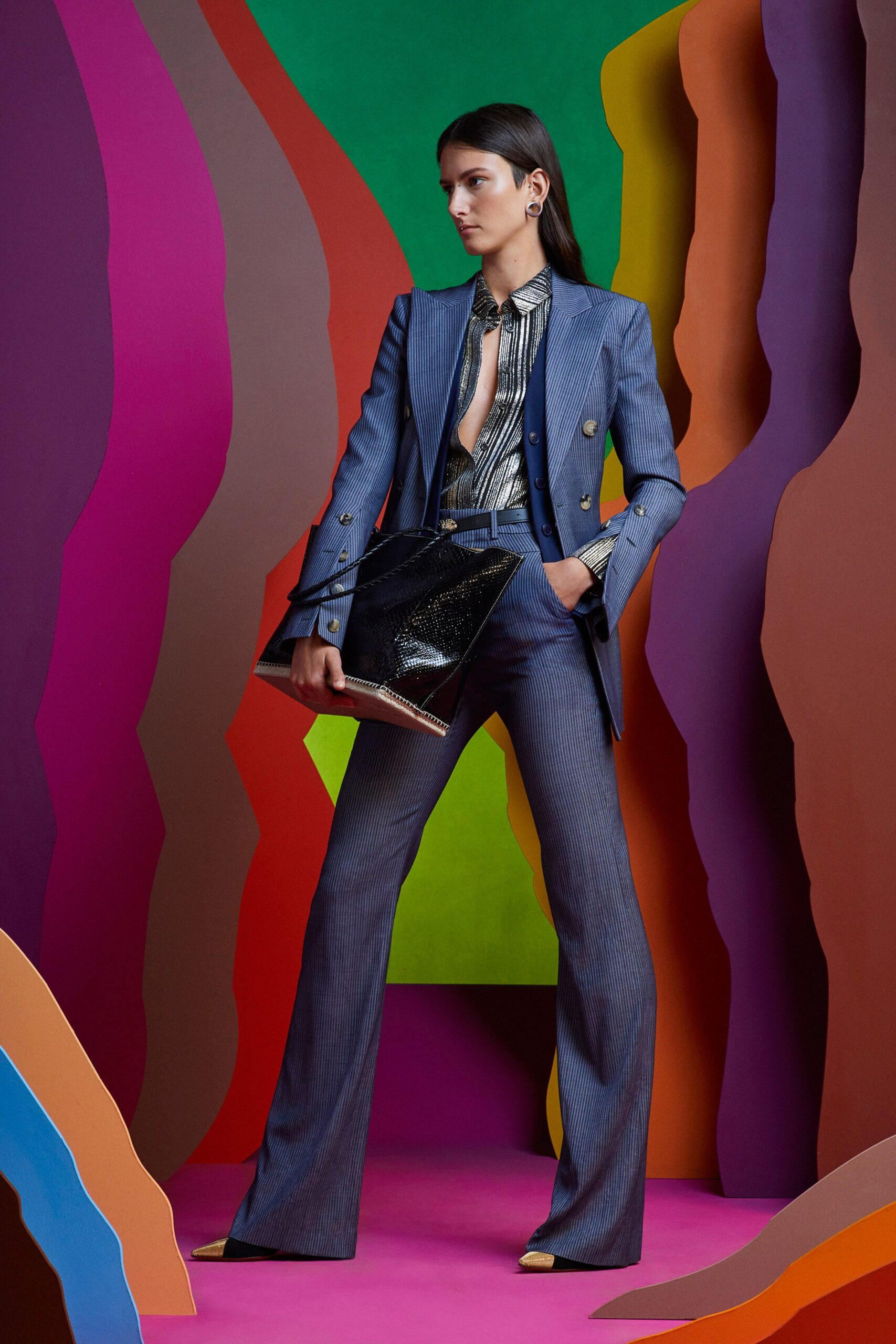 blue cotton long-sleeve collared tailored buttoned flared suit