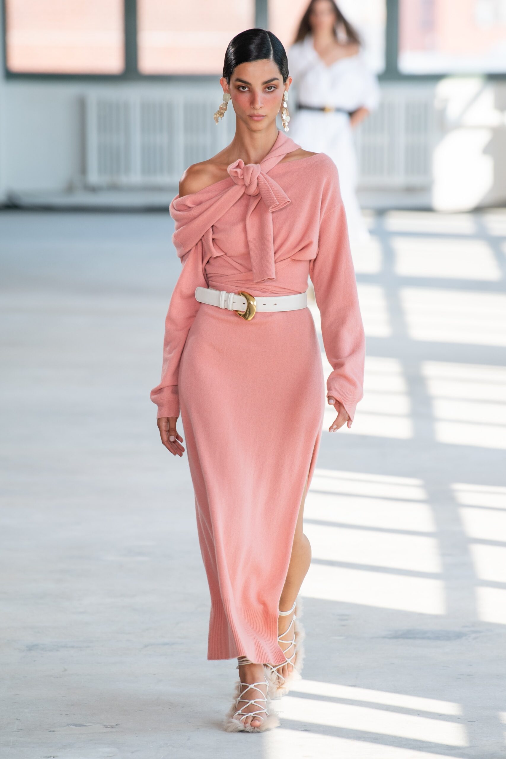 fitted pink off-shoulder dress