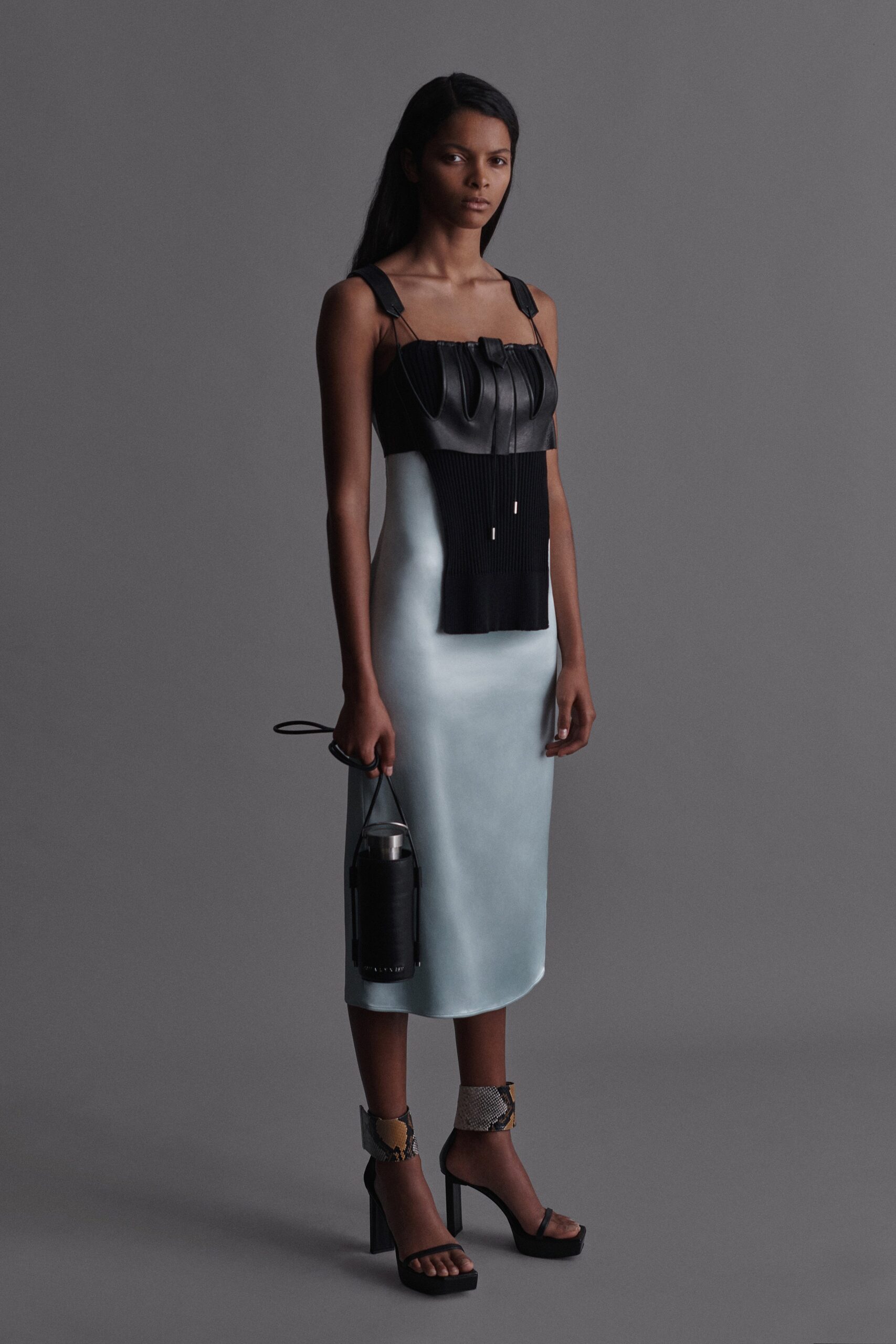black and blue fitted midi dress