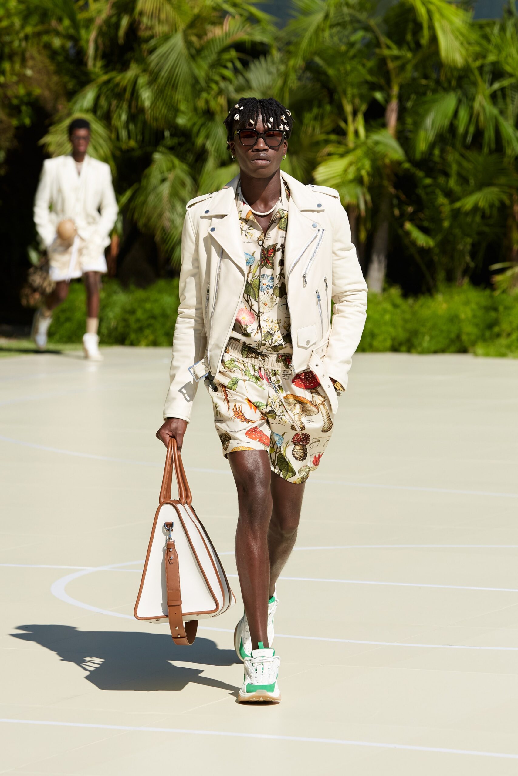 white leather jacket with multi printed romper