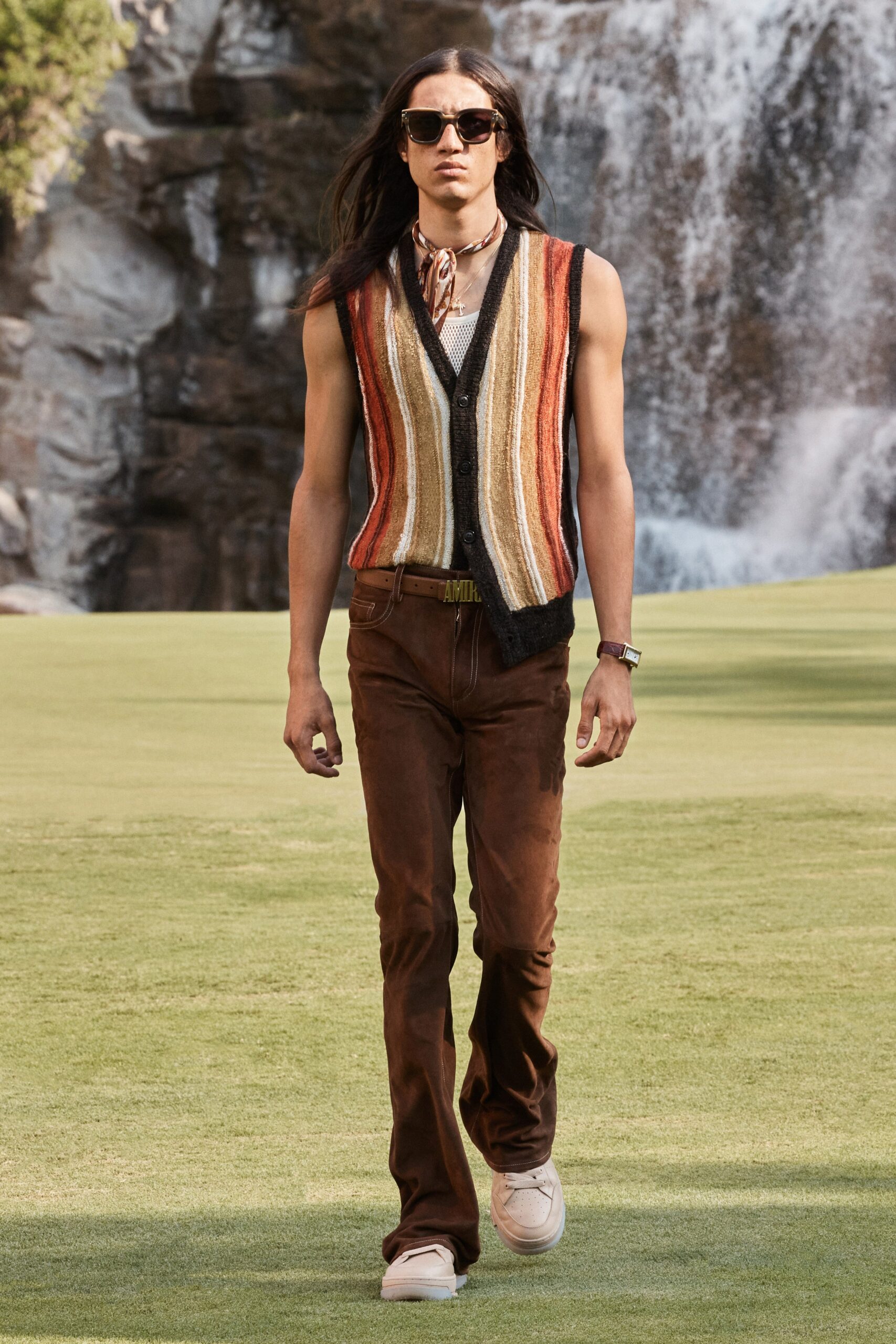 brown striped vest with suede pants