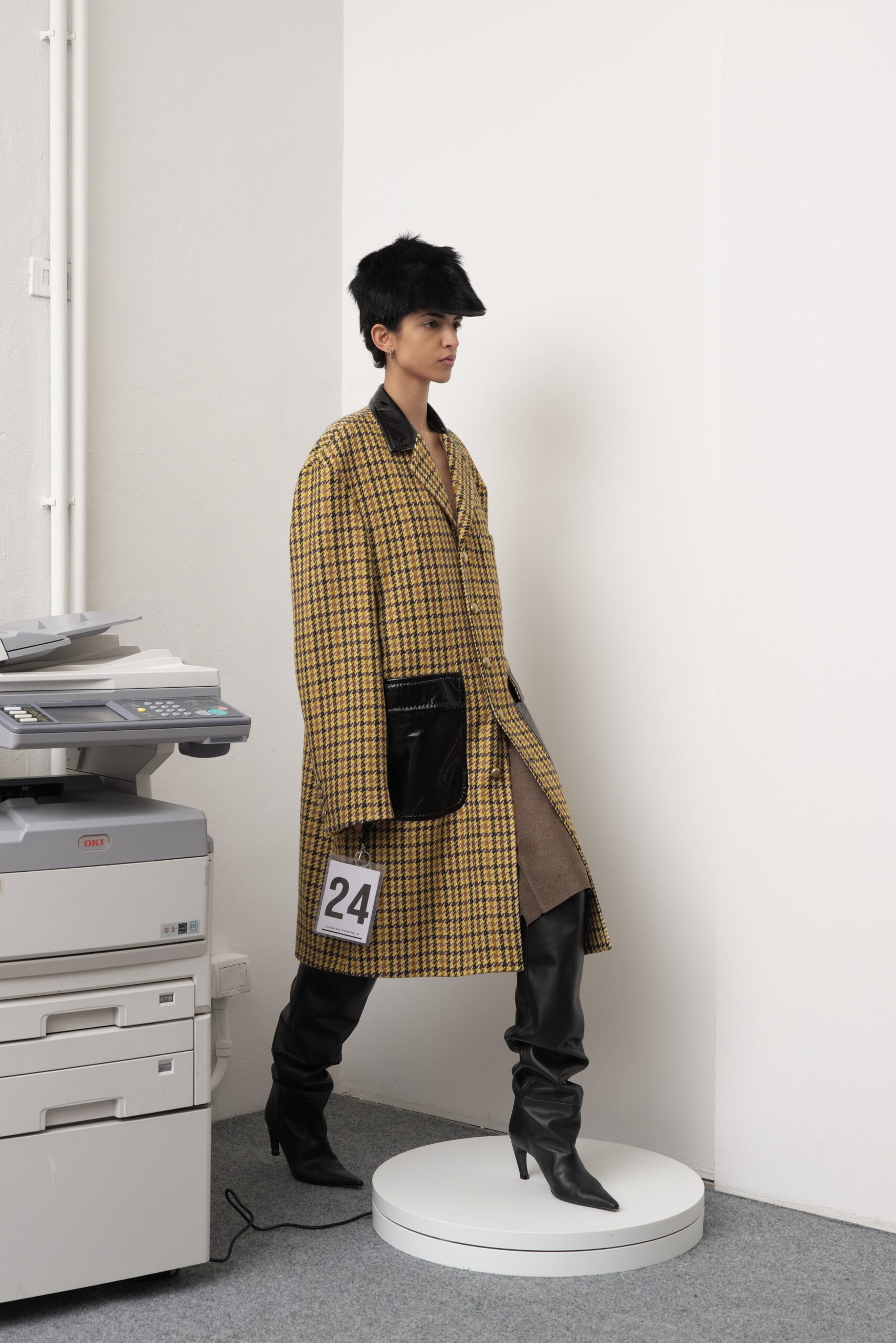 oversized checked coat with fitted dress