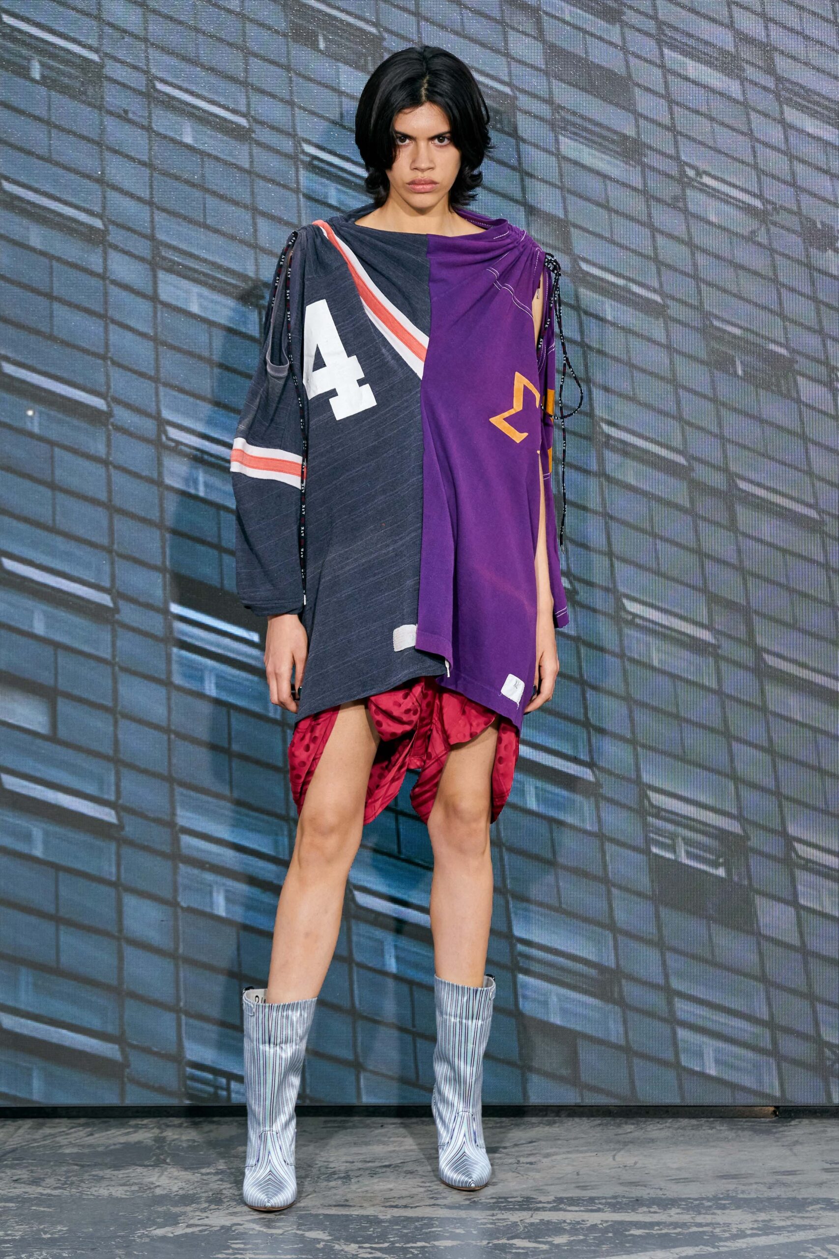 purple cotton long-sleeve asymmetric relaxed layered short dress