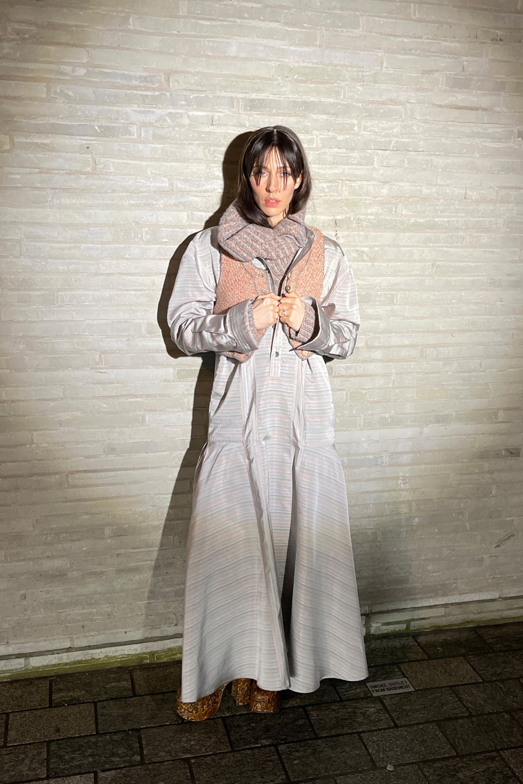 gray striped maxi coat with brown sweater