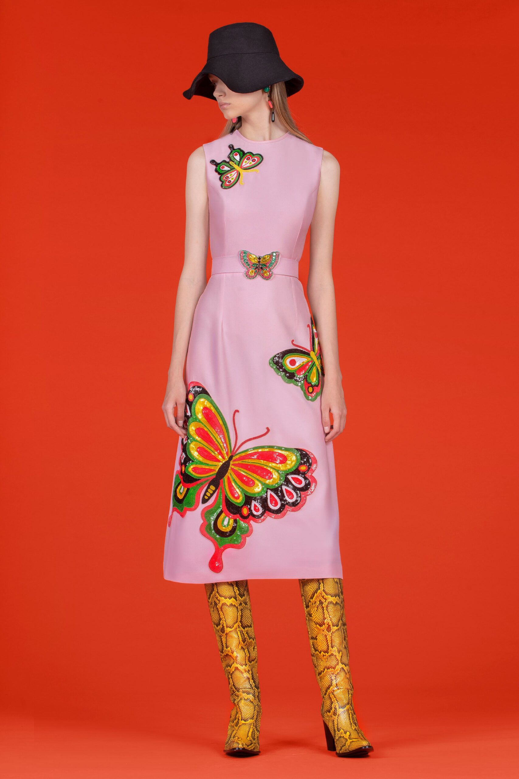 pink sleeveless high-neck fitted embroidered midi dress