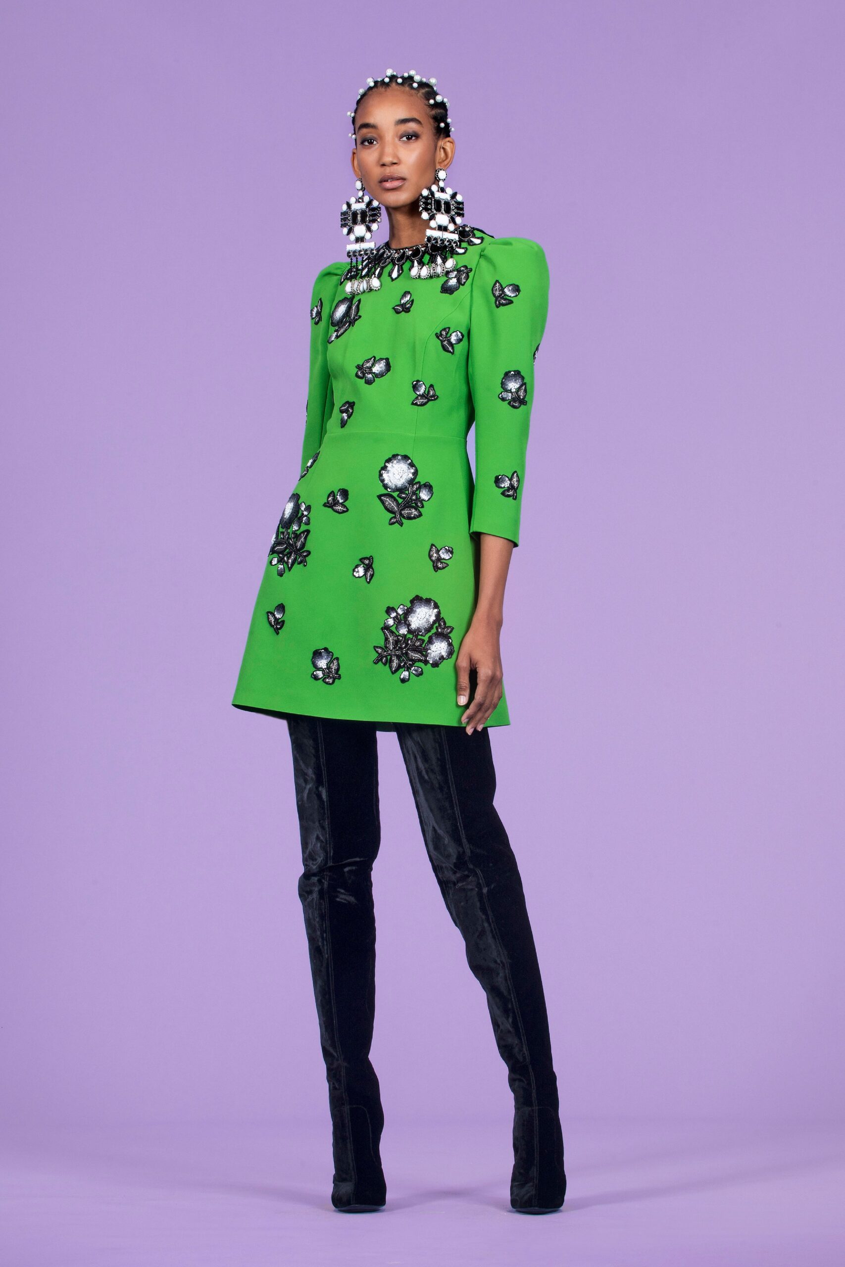 green silk long-sleeve high-neck fitted embroidered a-line dress