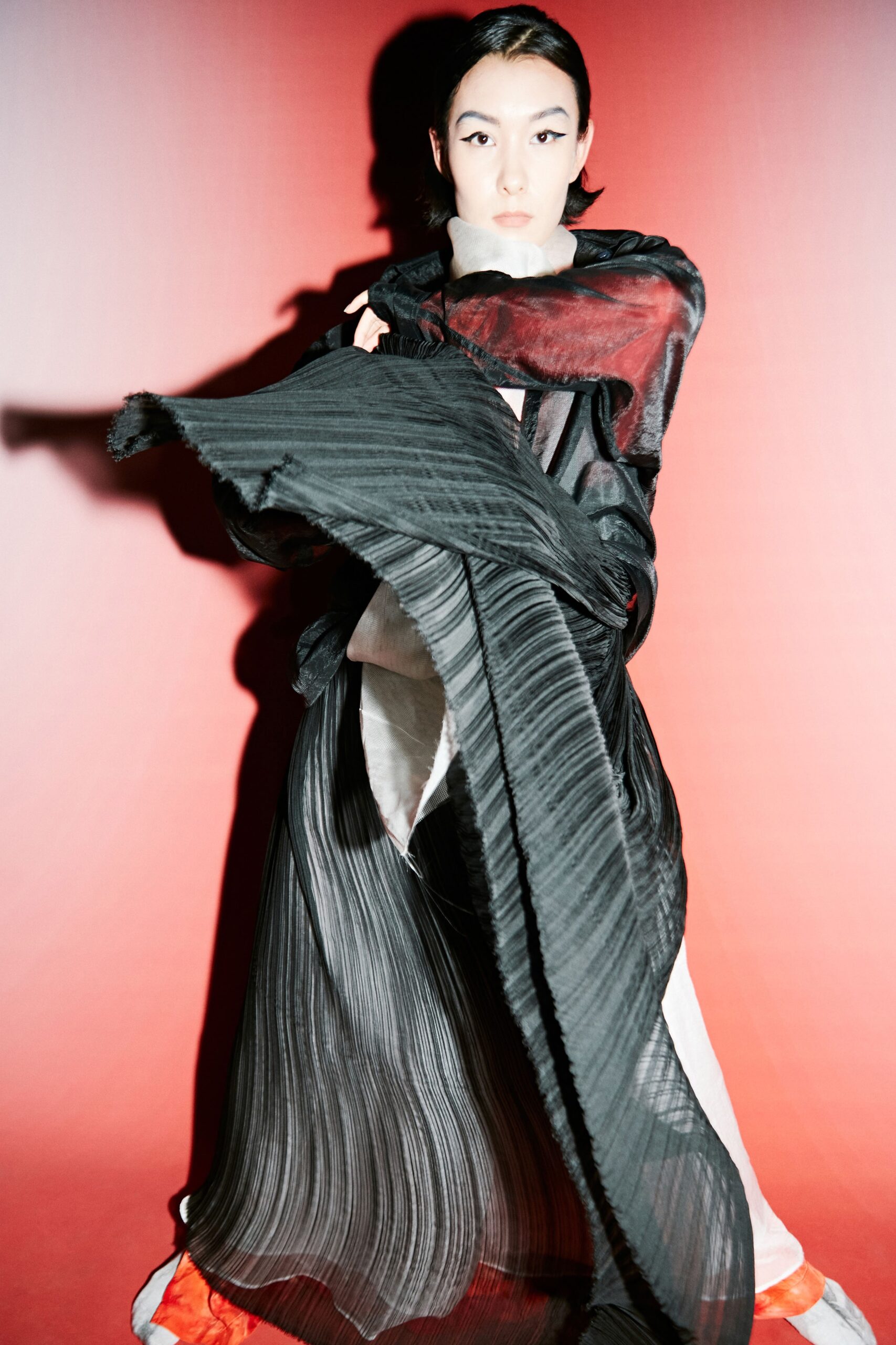 black silk pleated midi dress with cape