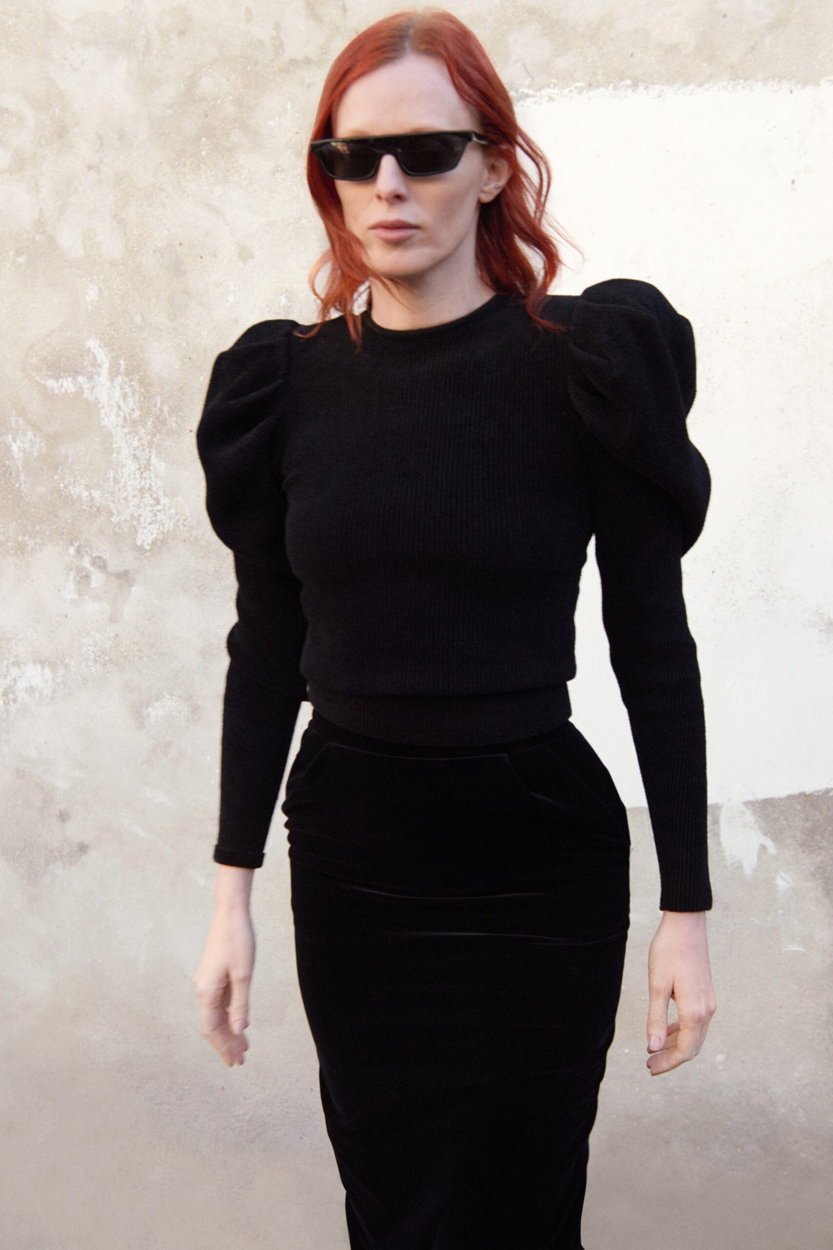 black fitted top and pencil skirt