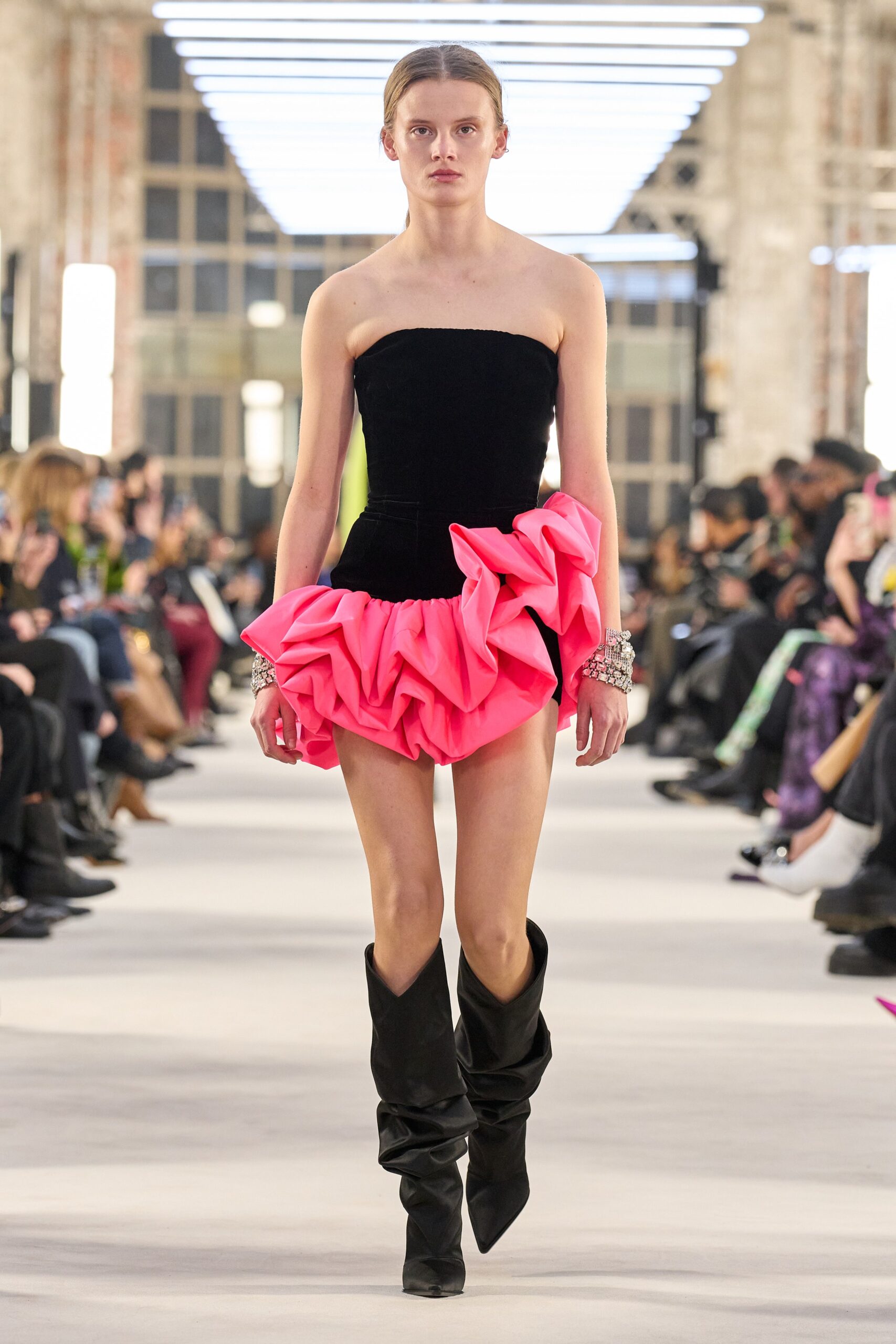 black silk strapless fitted ruffled tiered mini dress
