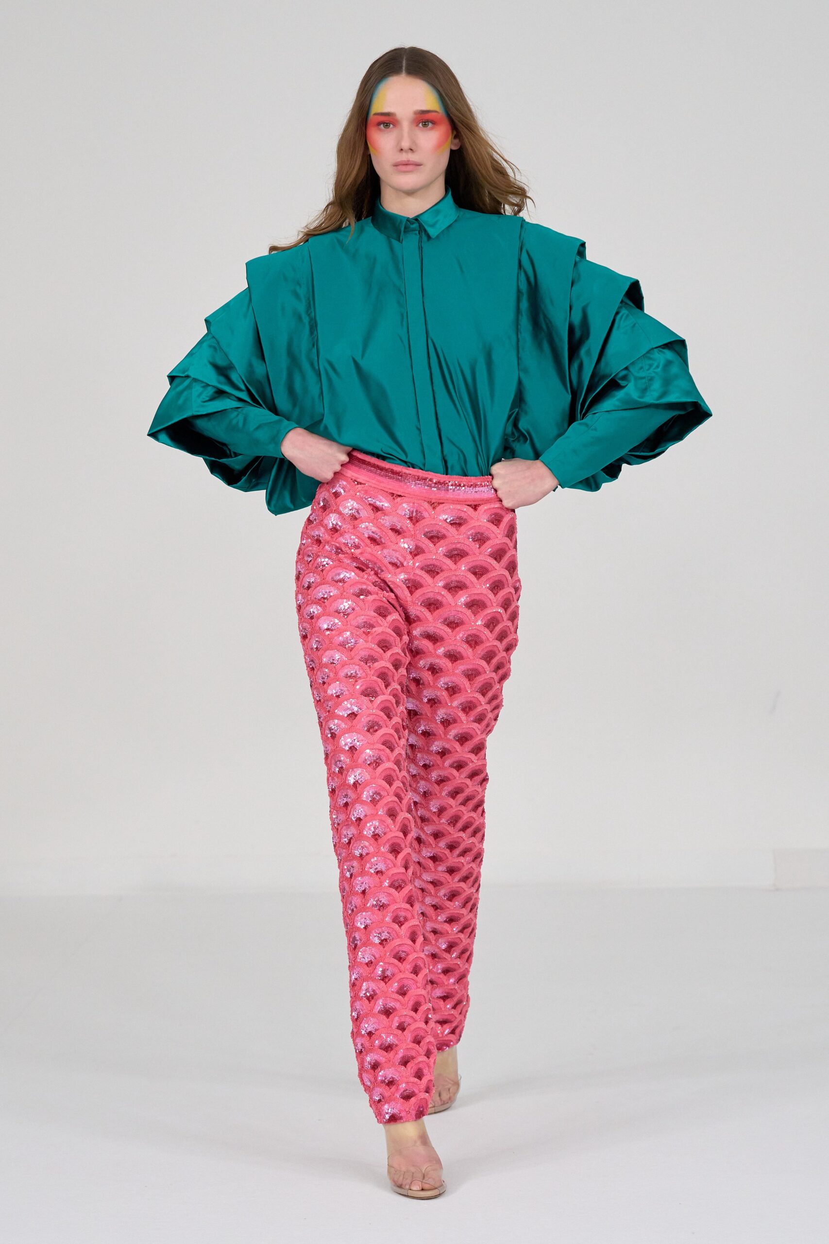 teal silk long-sleeve collared relaxed ruffled shirt