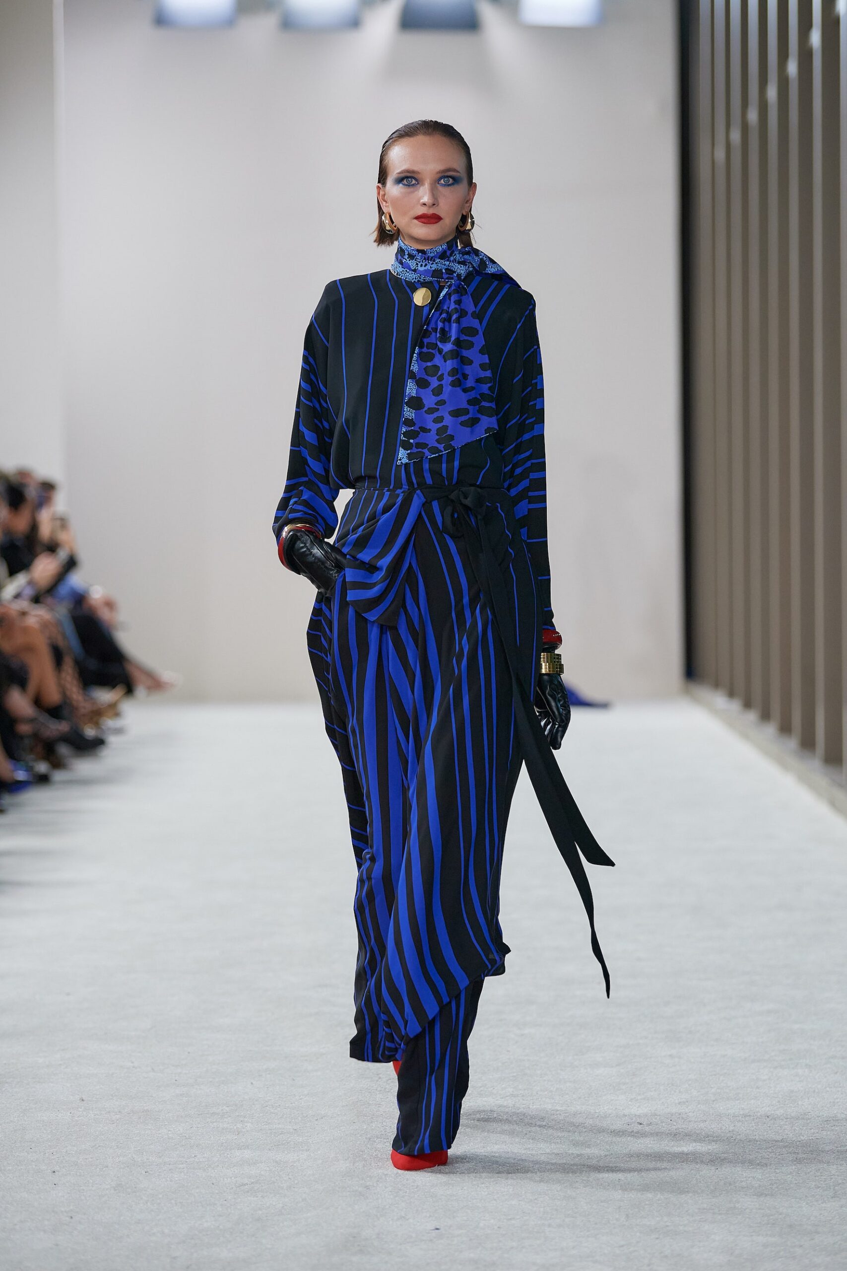 blue and black striped midi dress