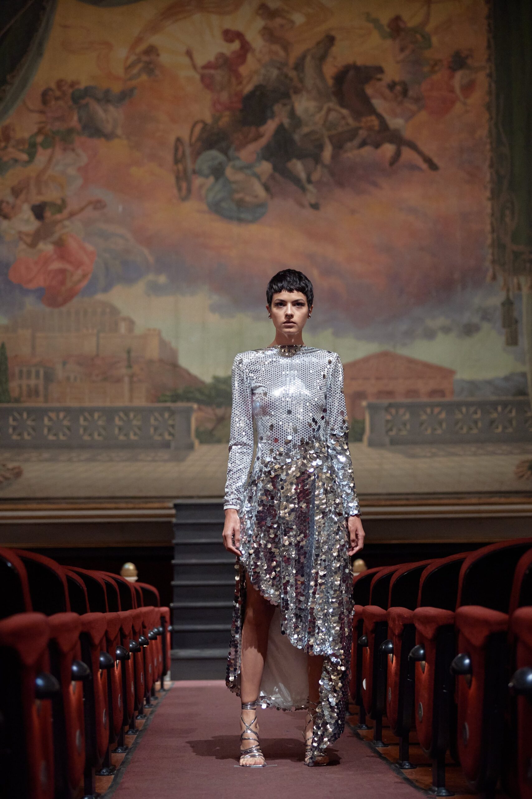 silver sequin asymmetric gown