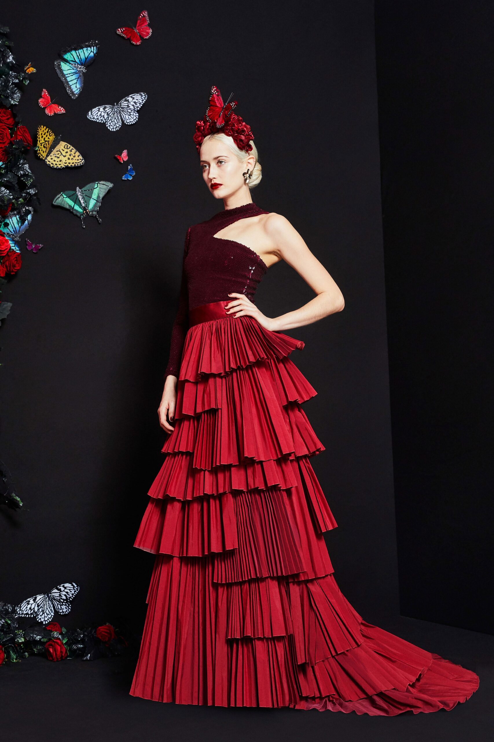 red silk tiered gown