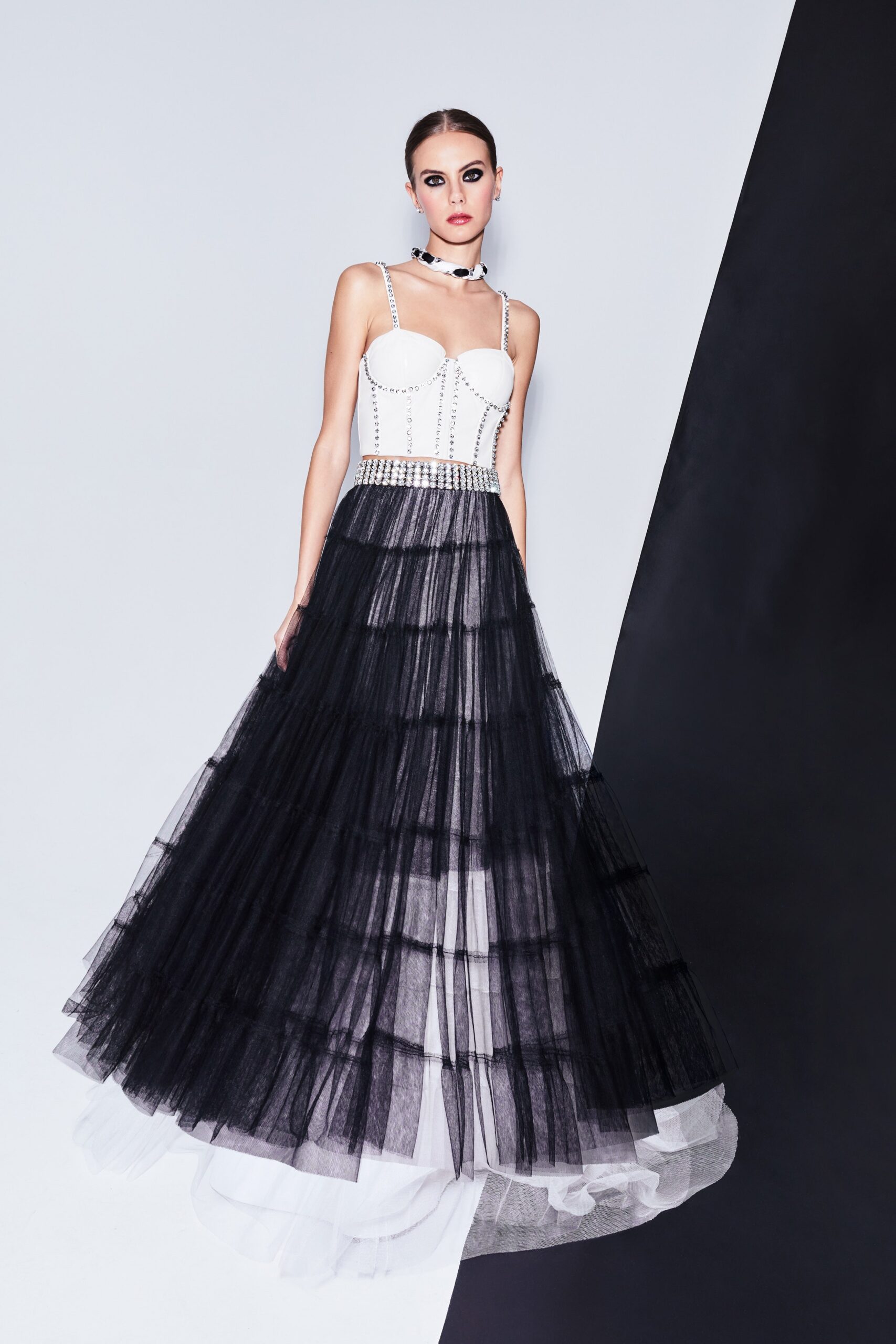 black and white tiered gown