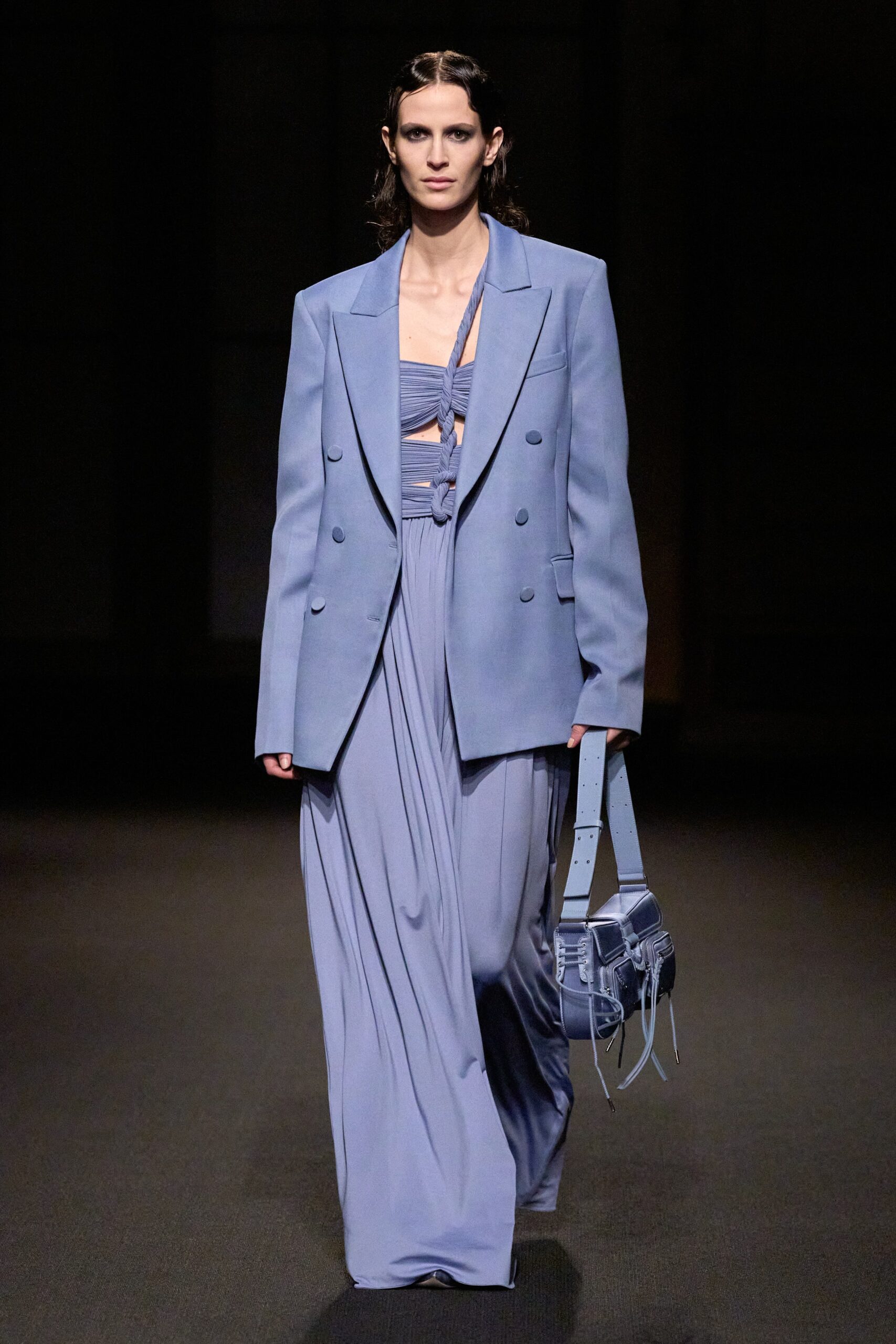 blue tailored blazer and draped dress