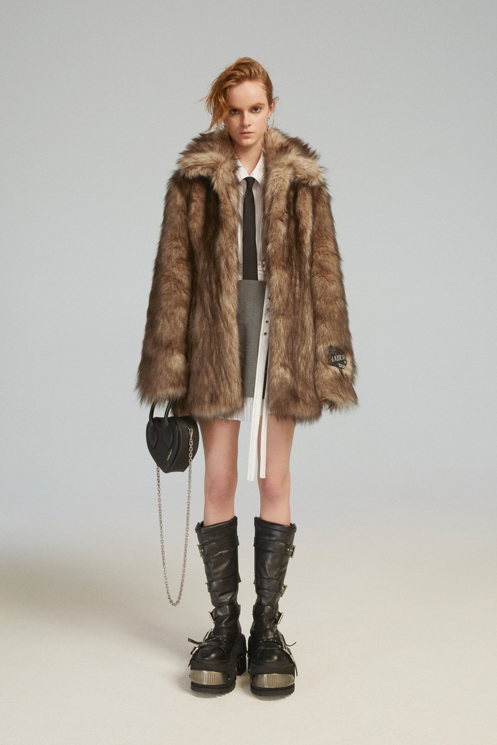 brown faux-fur long-sleeve collared relaxed layered coat
