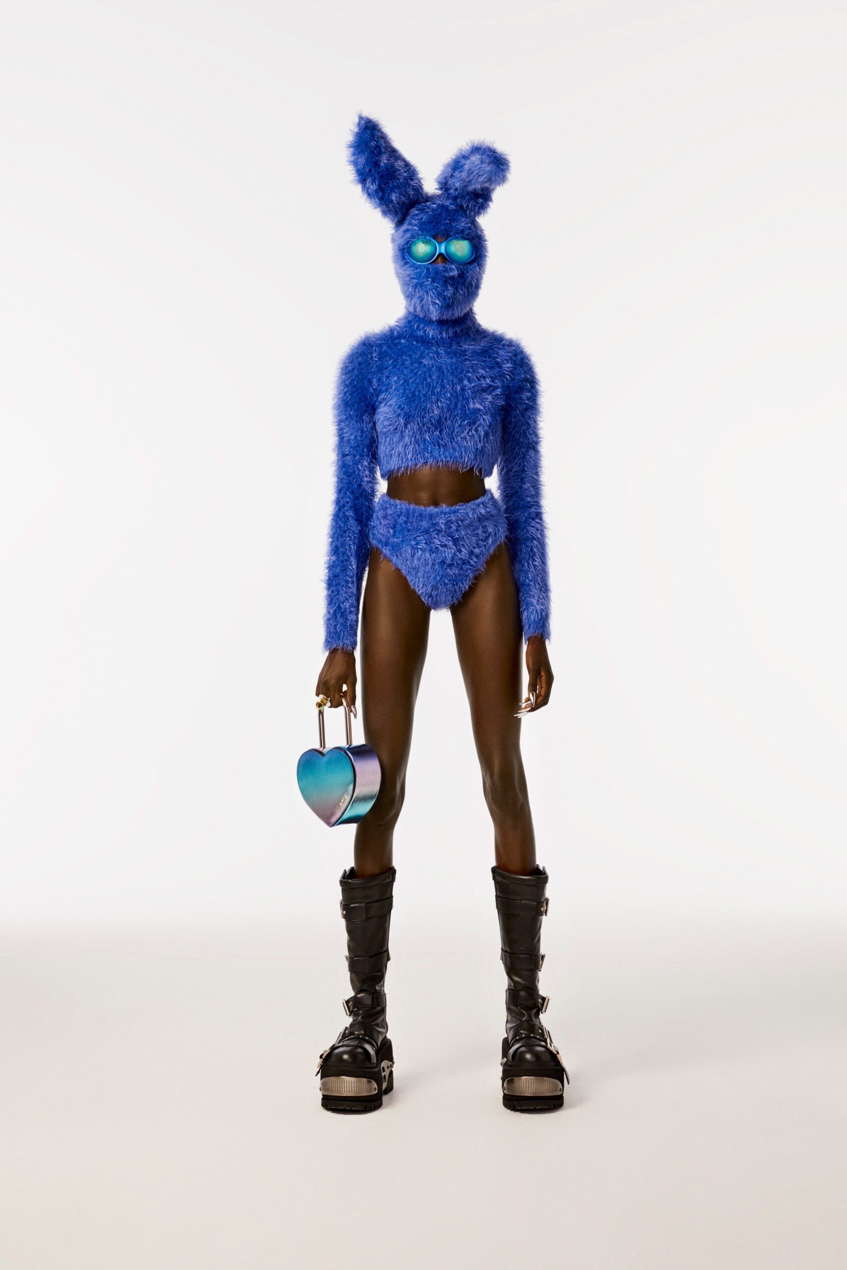 blue faux-fur cropped top and shorts