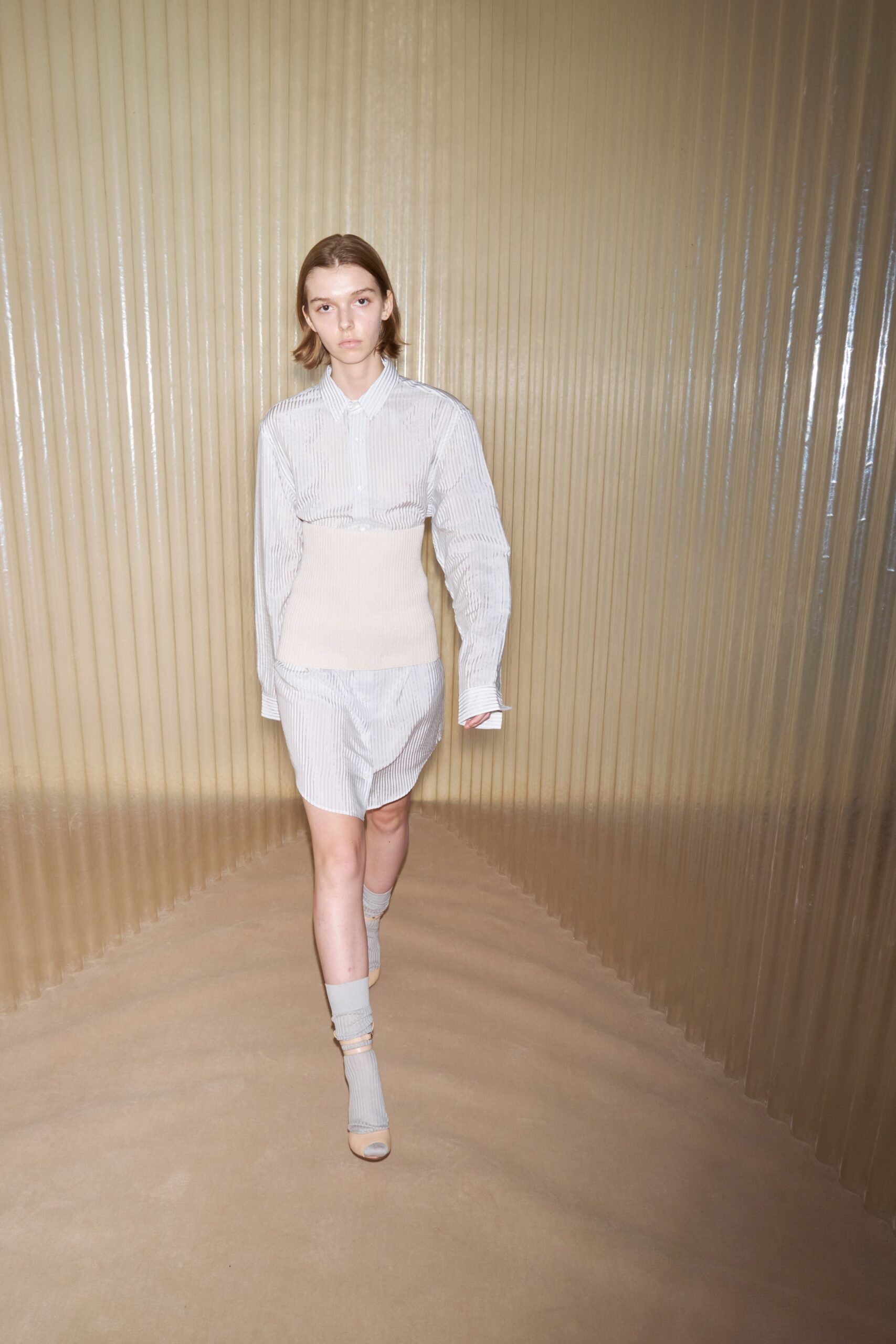 striped shirt-dress with beige skirt