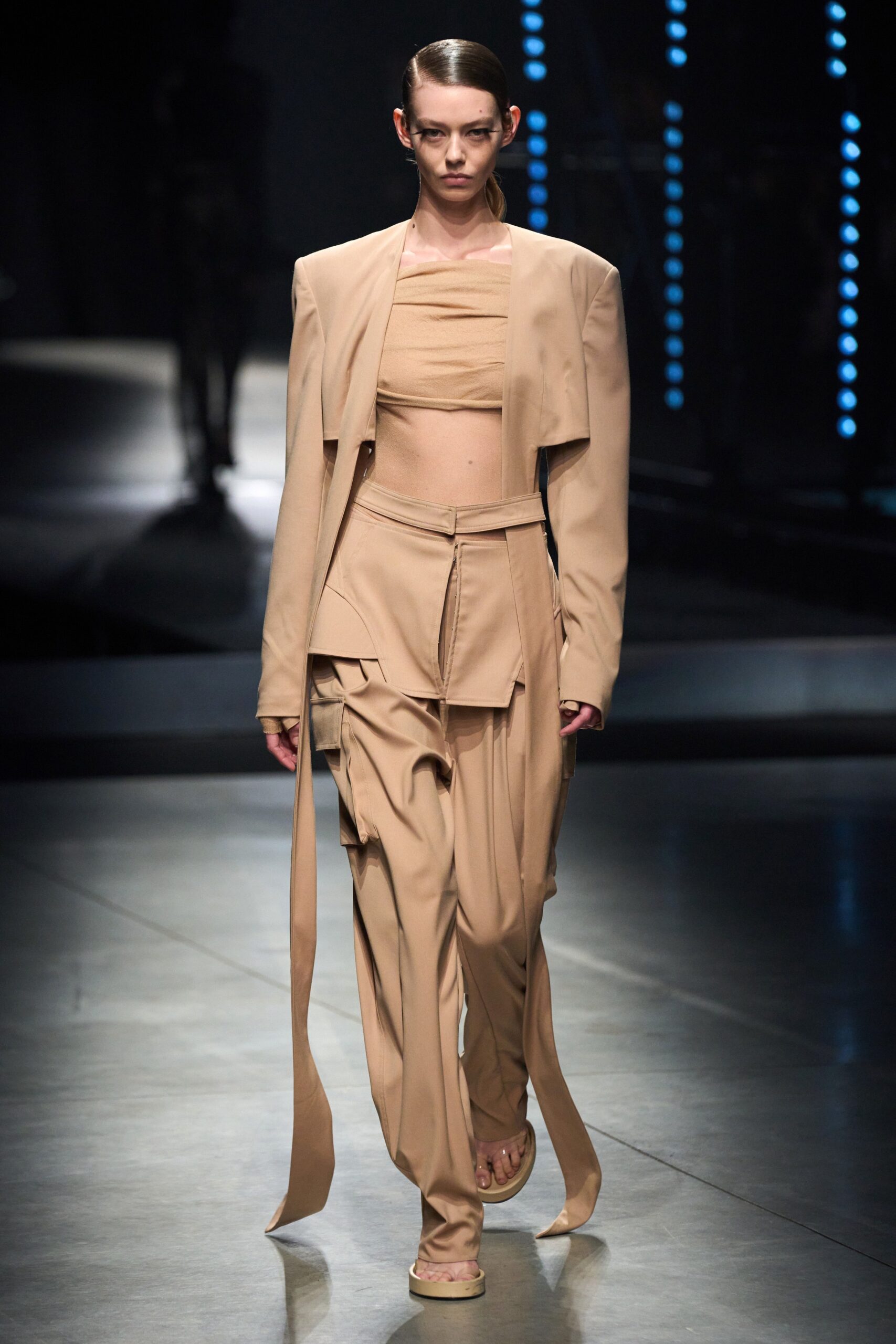 beige structured blazer with fitted top