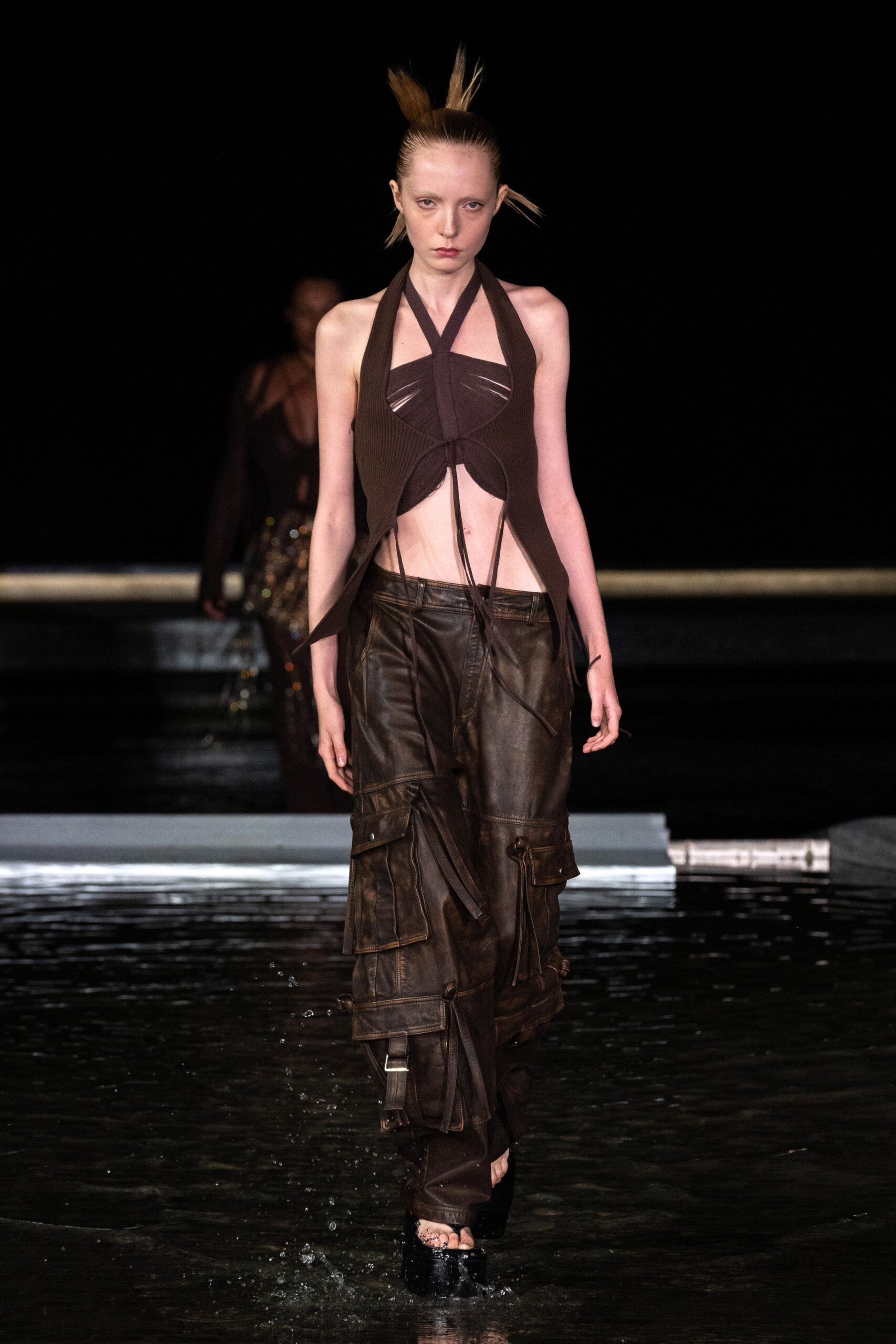 brown halter top and cargo pants