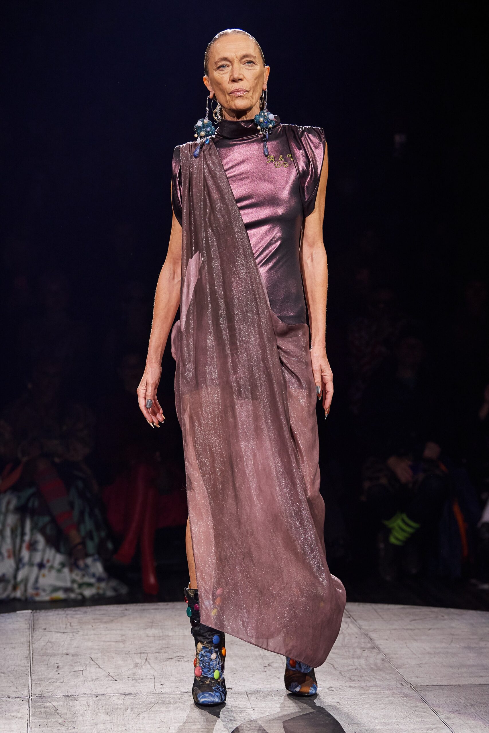 fitted purple silk draped dress