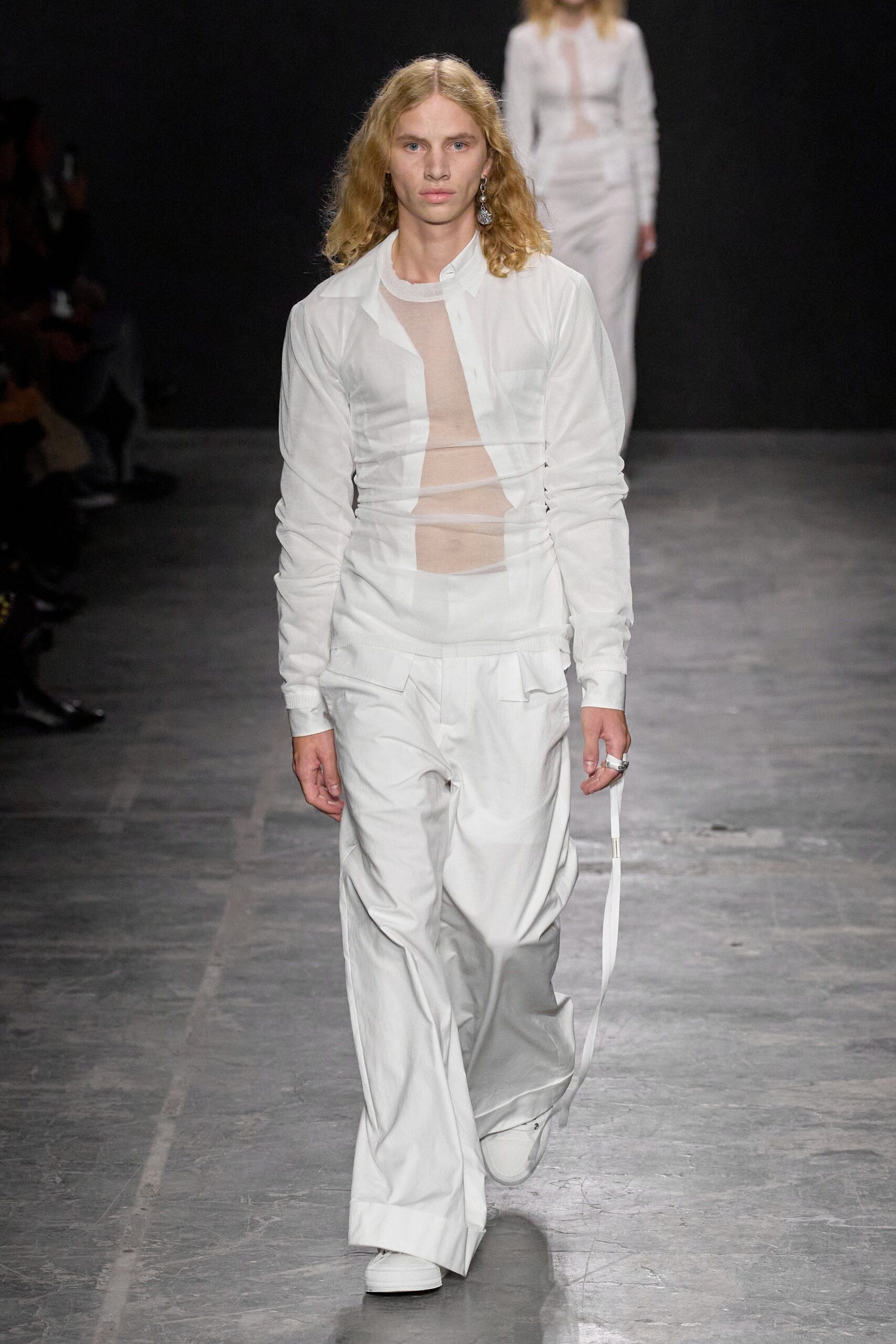 white fitted shirt and relaxed pants