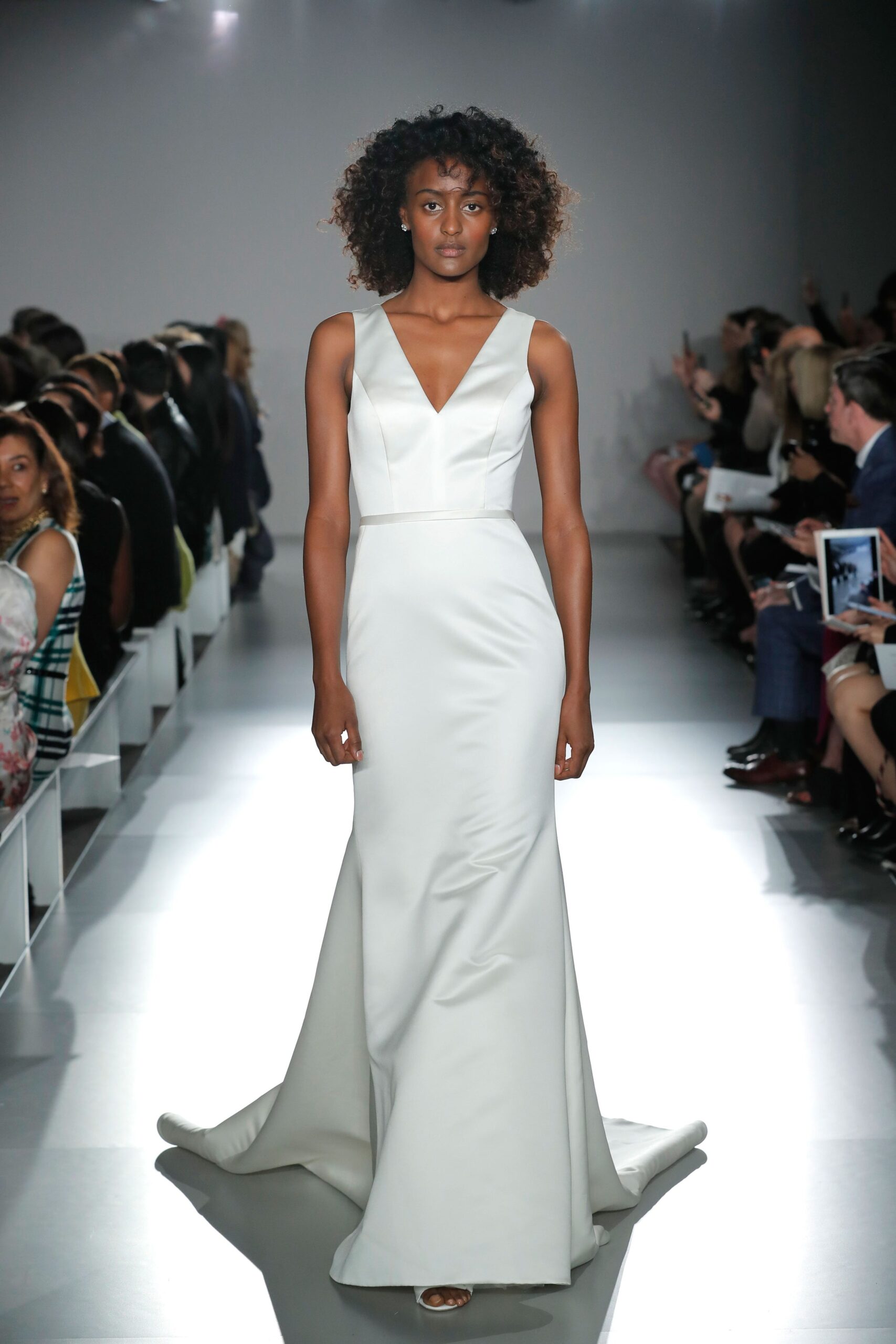 fitted white silk gown