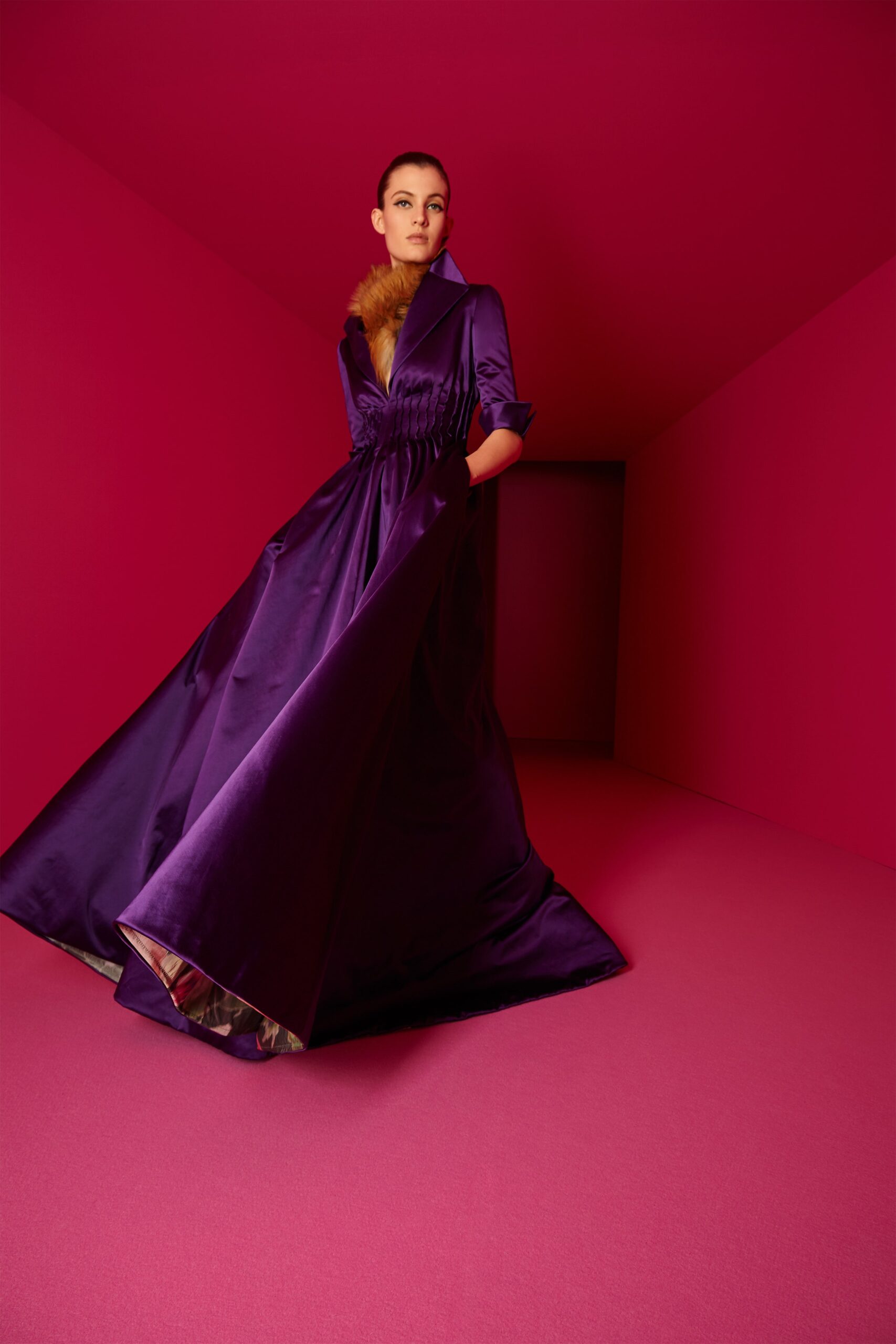 purple silk fitted gown