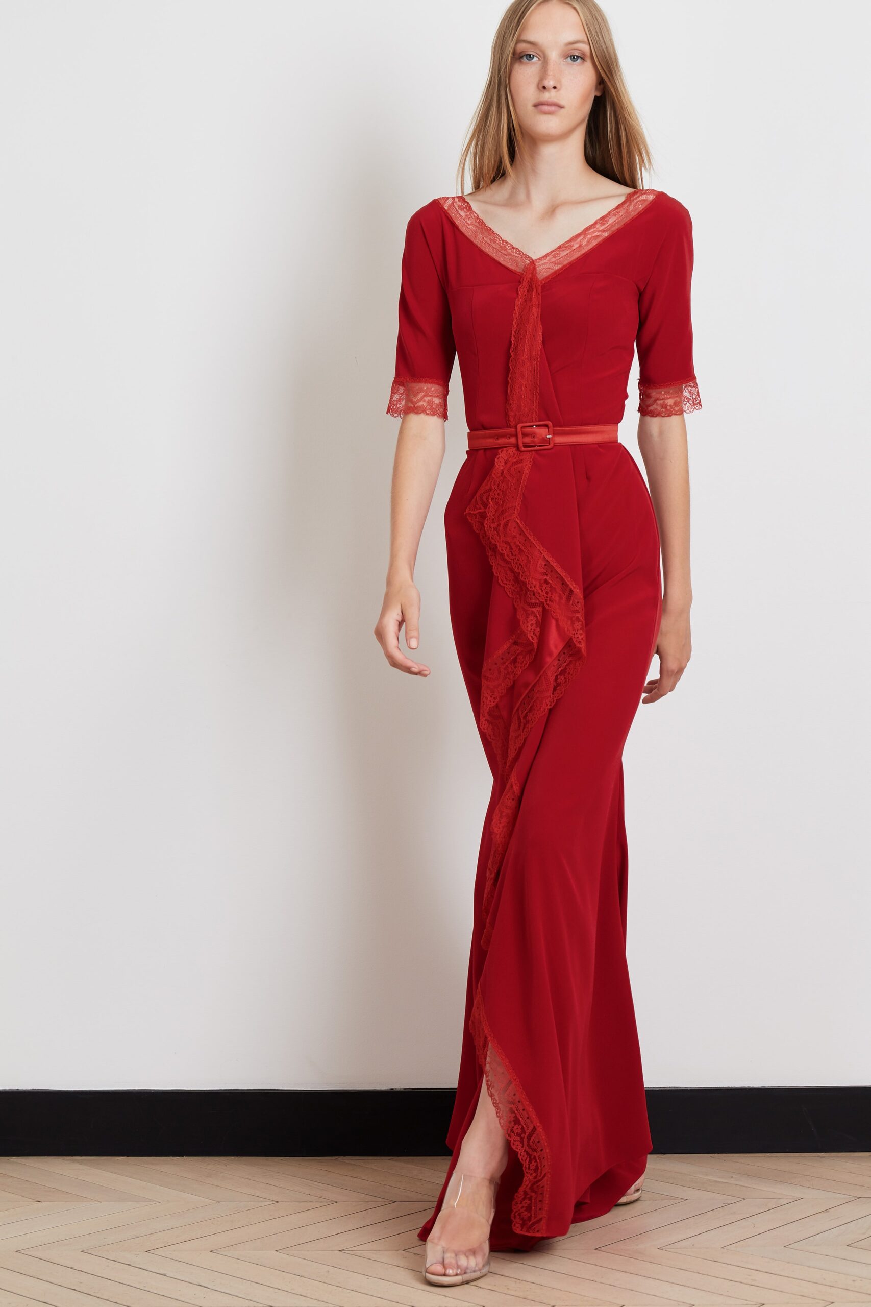red silk fitted gown