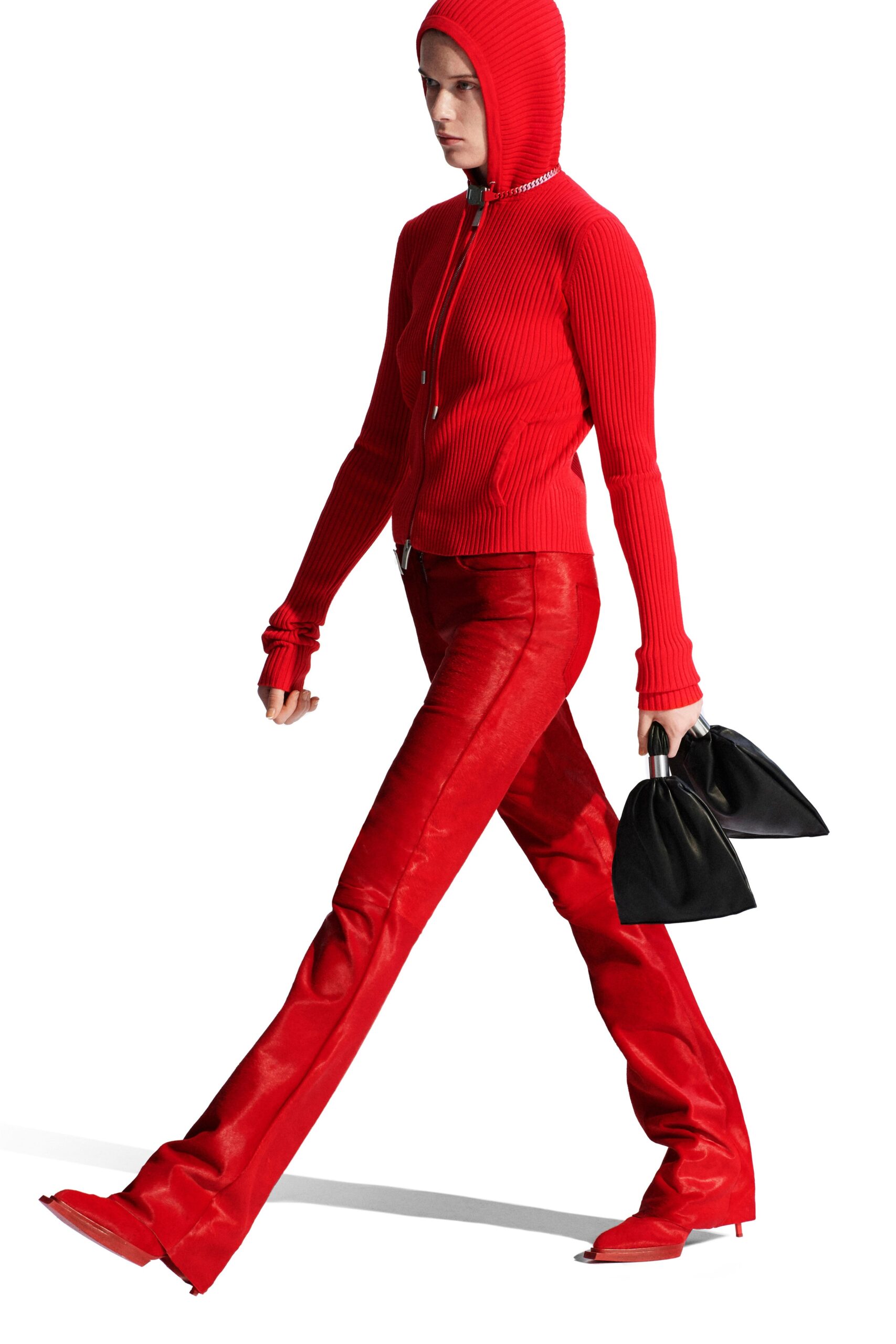 red leather fitted high-waisted flared pants
