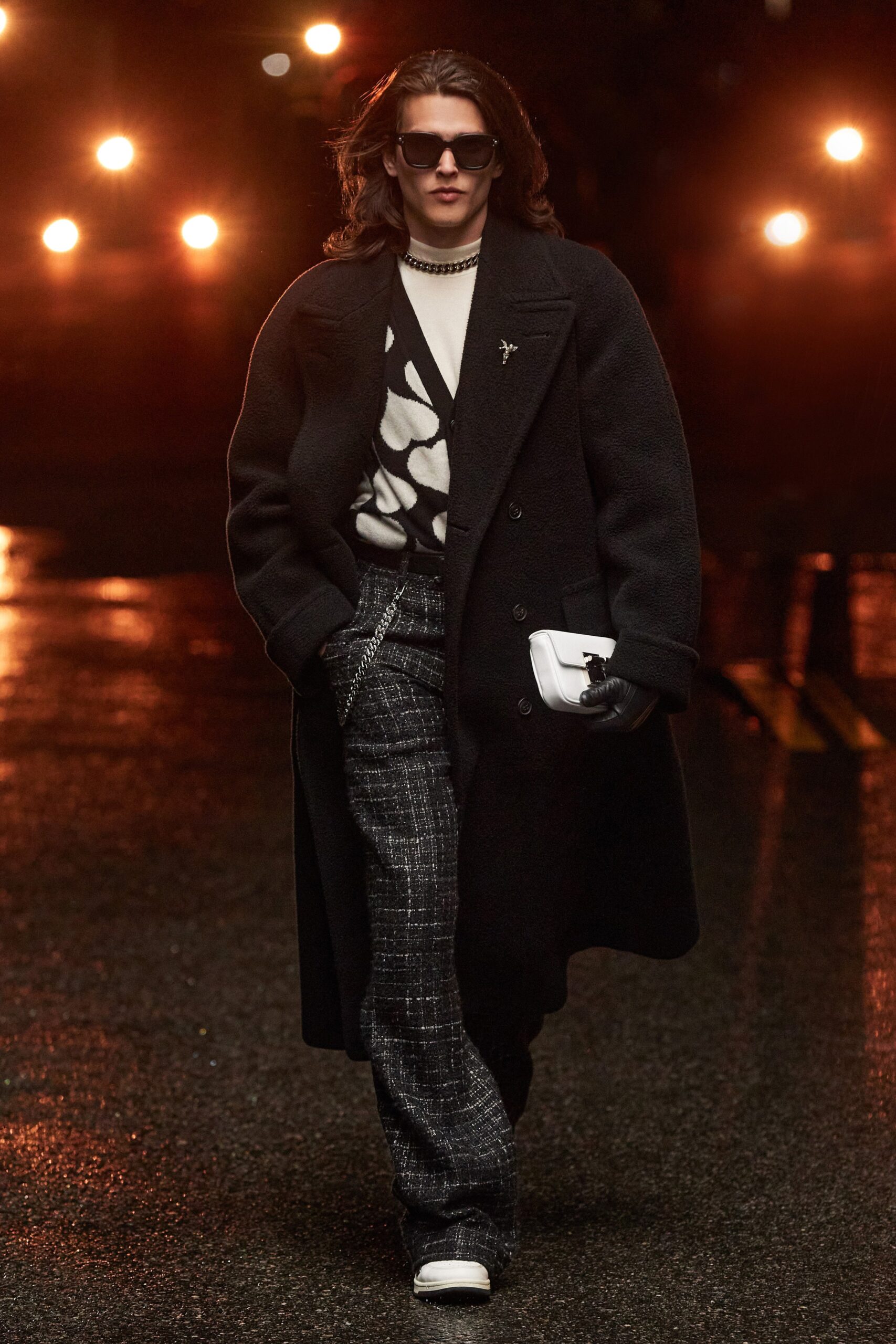 black wool coat with printed sweater