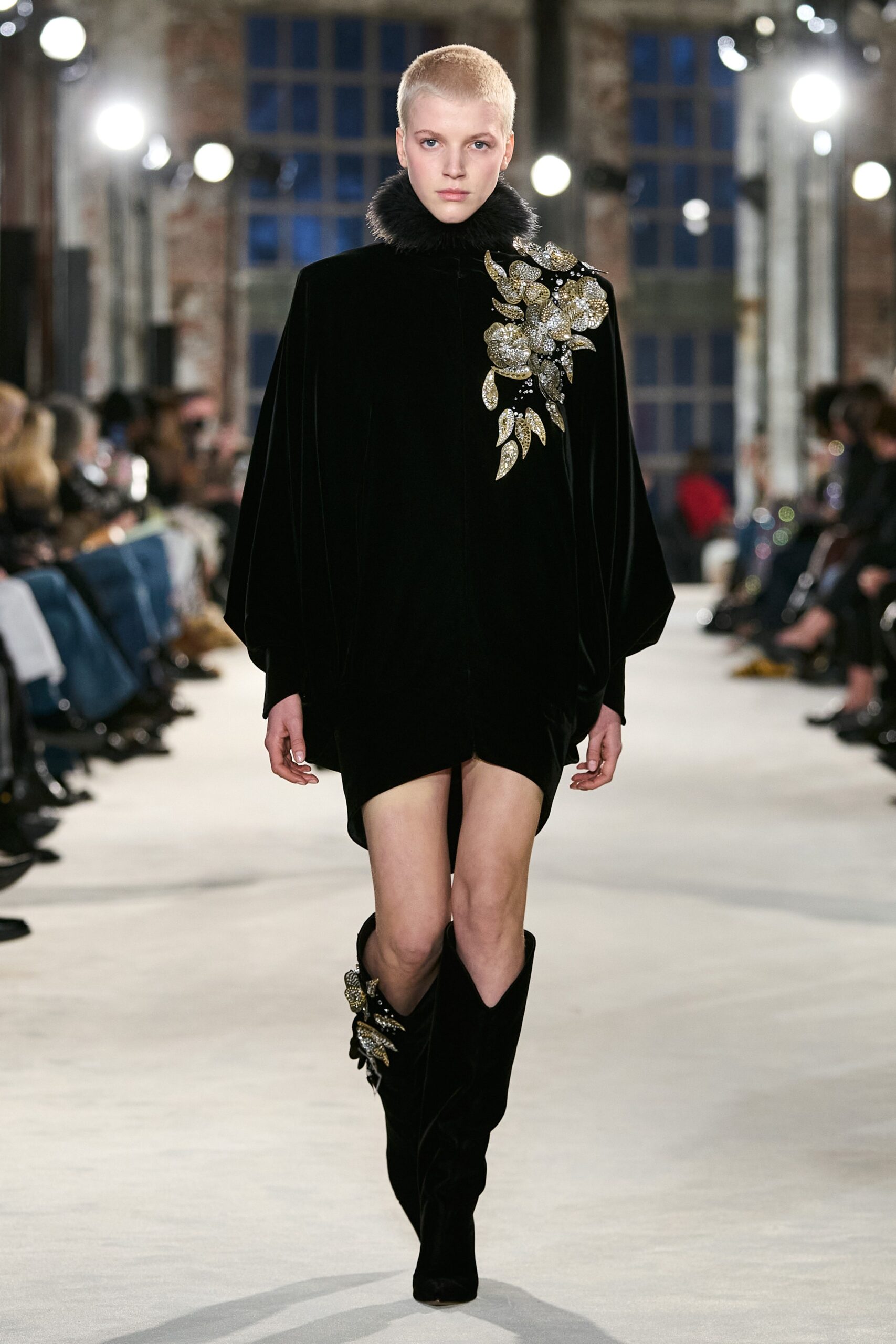 black velvet sleeveless high-neck fitted draped embellished dress